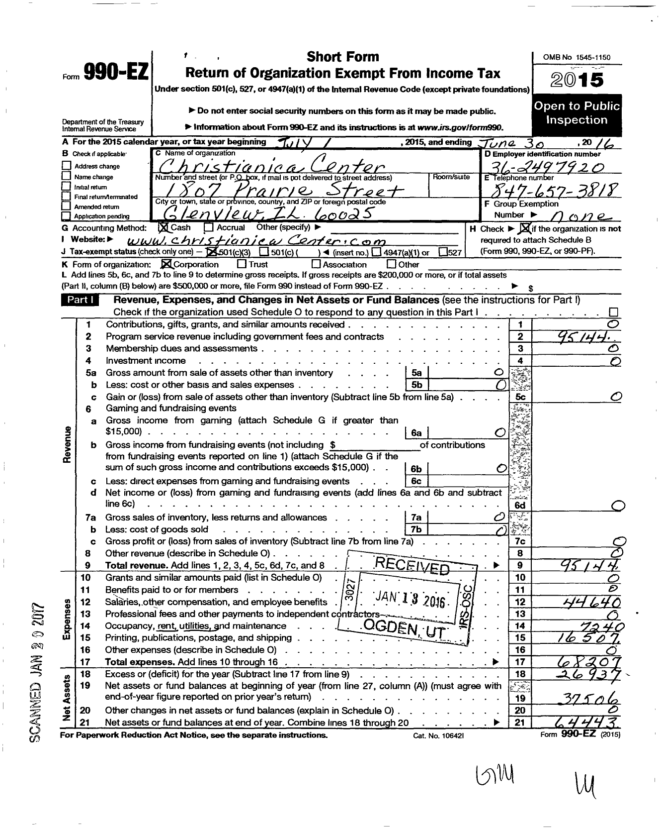 Image of first page of 2015 Form 990EZ for Christianica Center