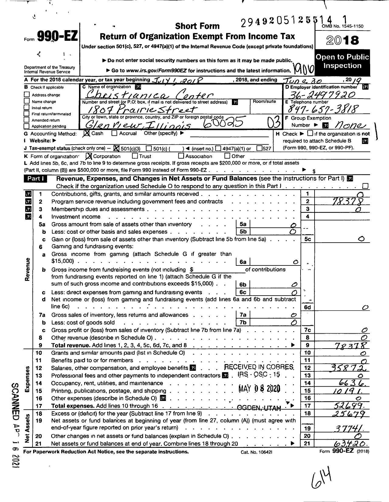 Image of first page of 2018 Form 990EZ for Christianica Center