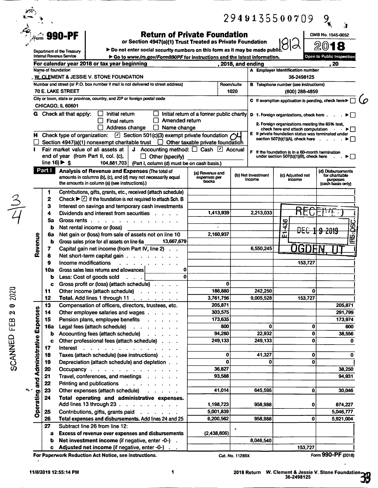 Image of first page of 2018 Form 990PF for W. Clement & Jessie V. Stone Foundation