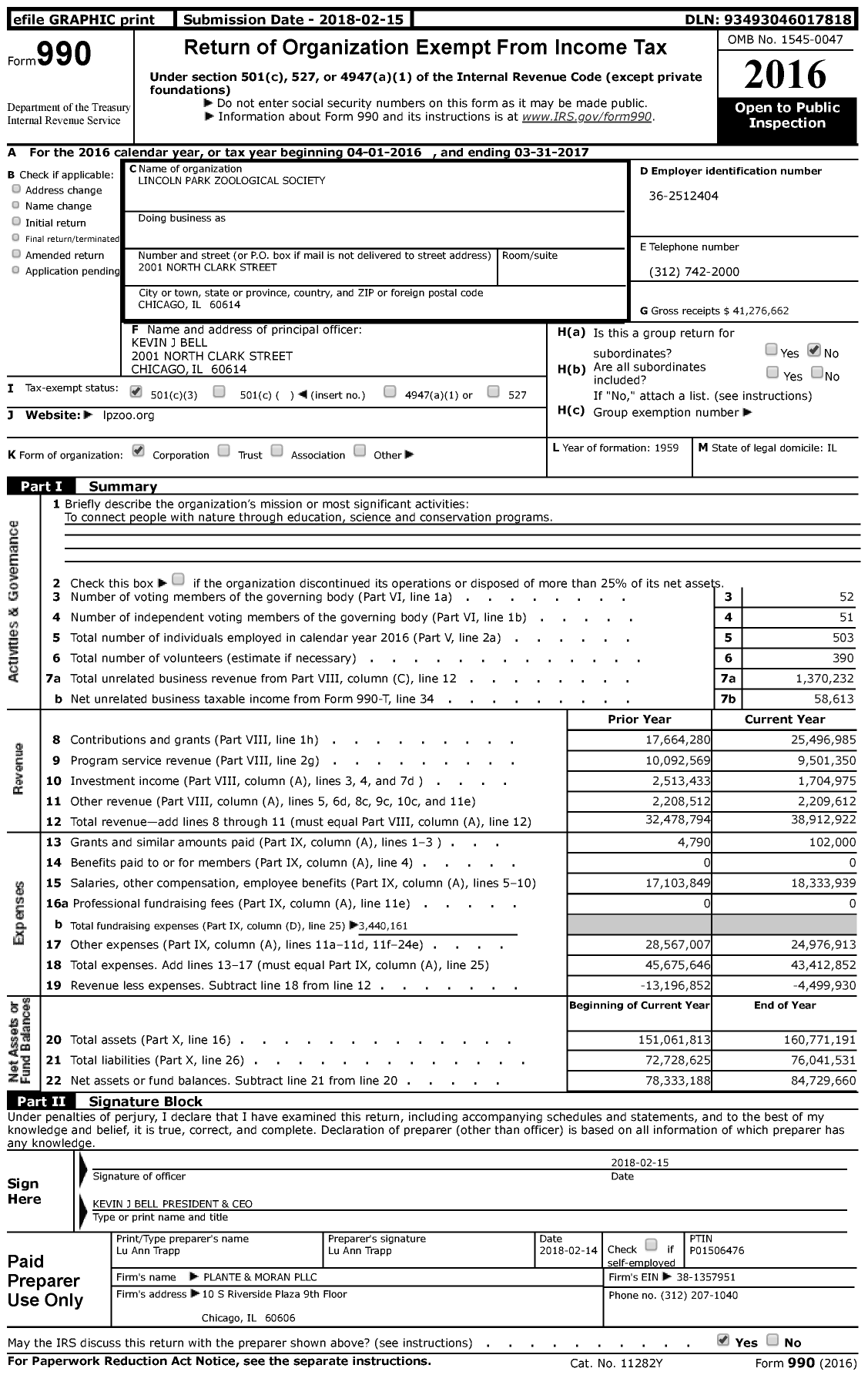 Image of first page of 2016 Form 990 for Lincoln Park Zoological Society