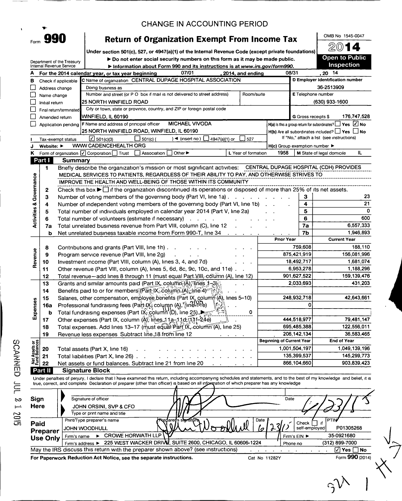 Image of first page of 2013 Form 990 for Central DuPage Hospital