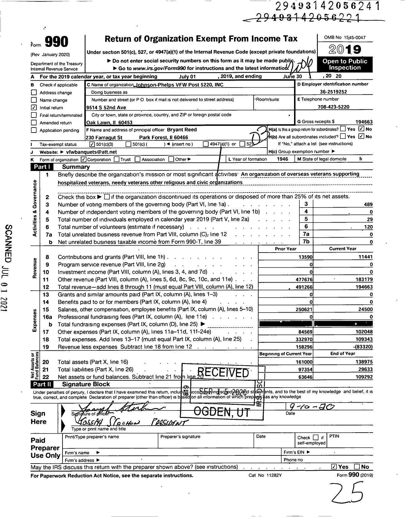 Image of first page of 2019 Form 990 for VFW Dept of Illinois - 5220 Johnson Phelps Post
