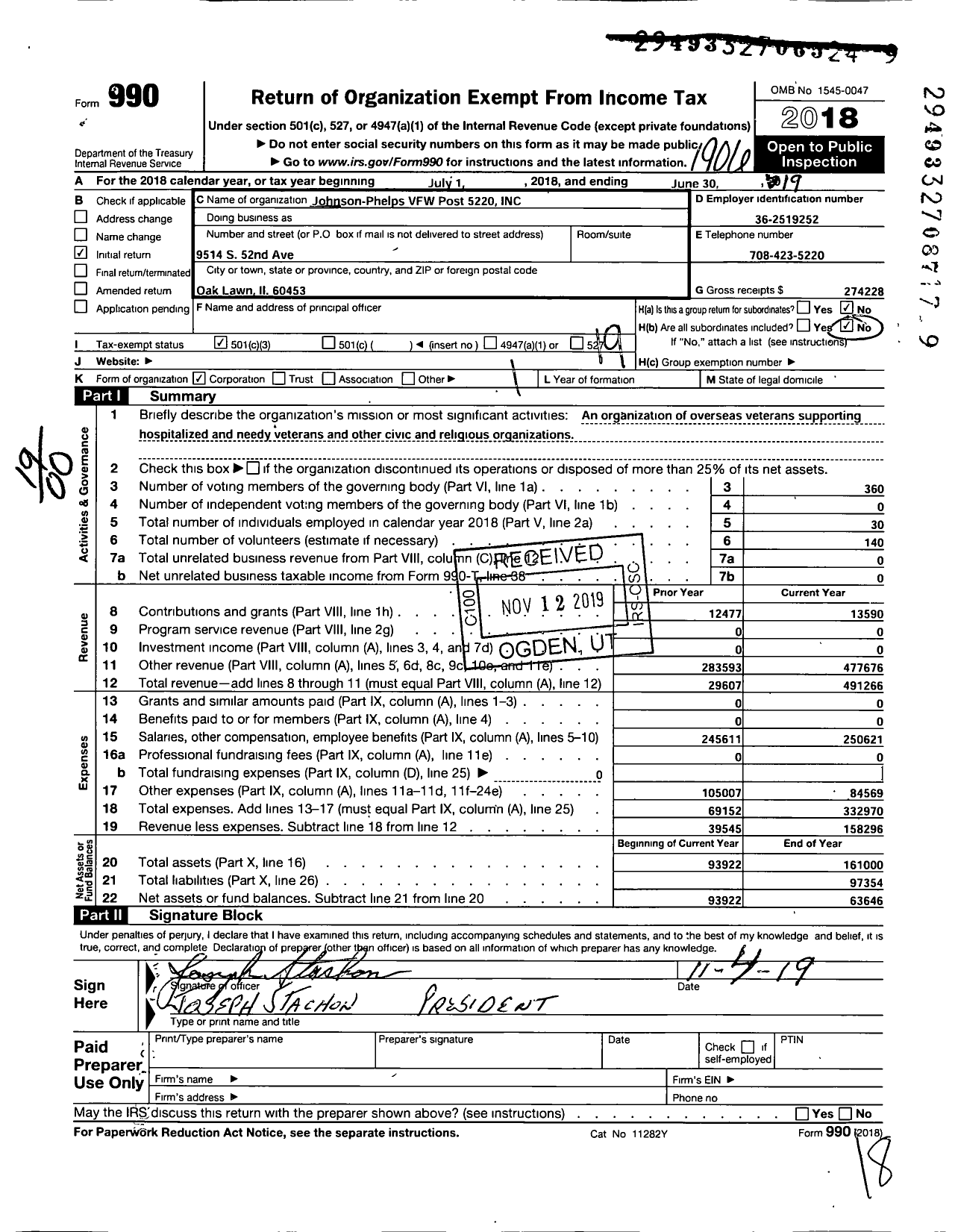 Image of first page of 2018 Form 990O for VFW Dept of Illinois - 5220 Johnson Phelps Post