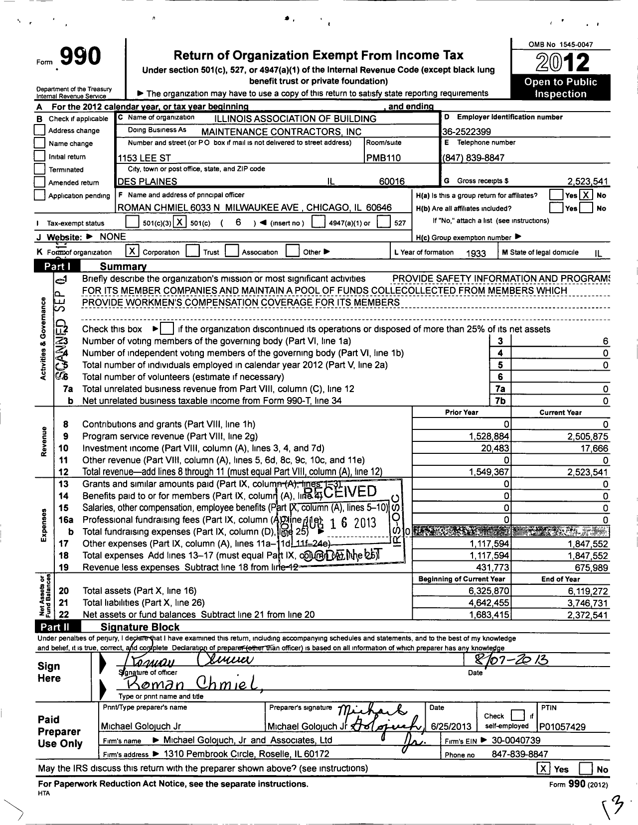 Image of first page of 2012 Form 990O for Illinois Association of Building Maintenance Contractors (IABMC)