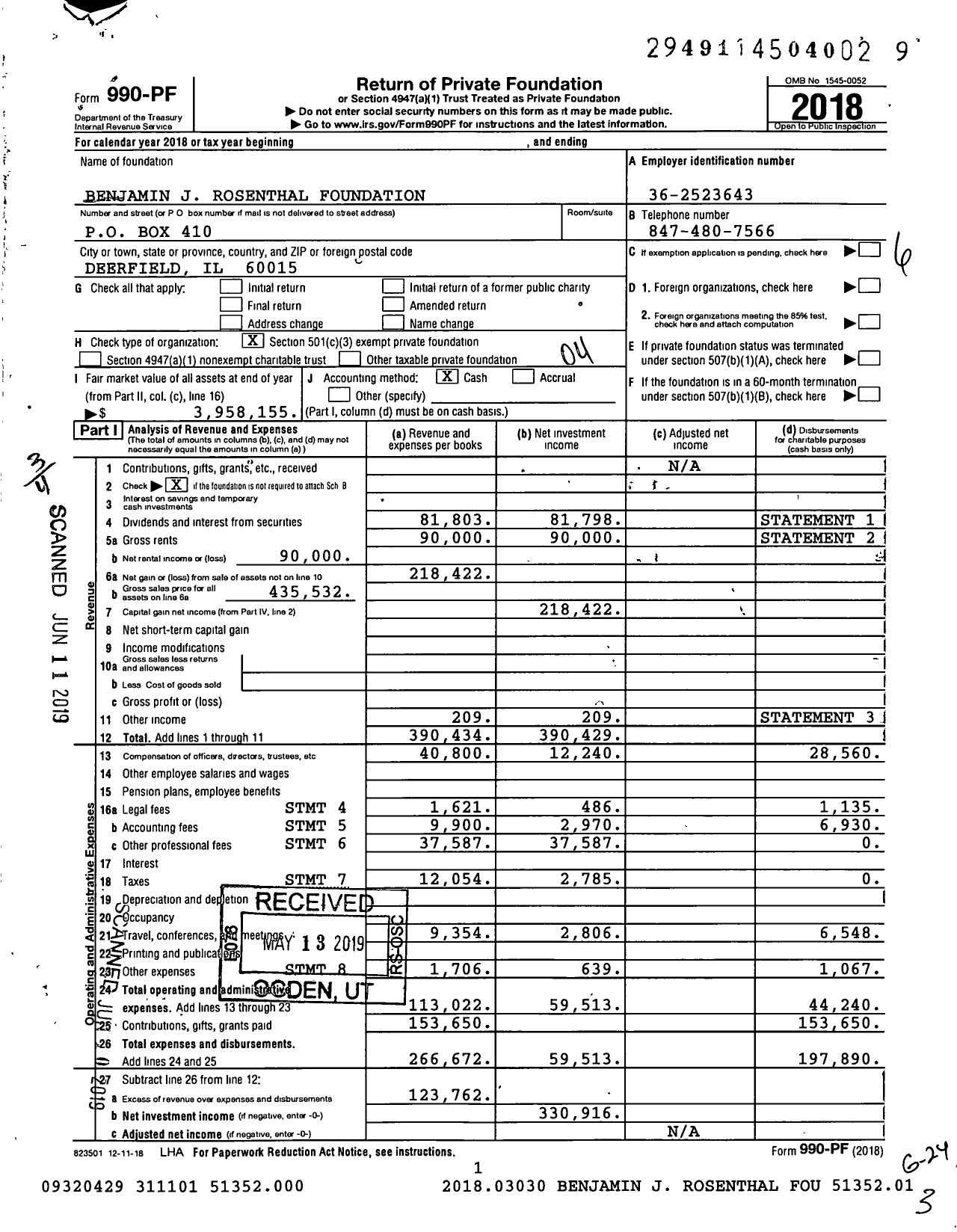 Image of first page of 2018 Form 990PF for Benjamin J Rosenthal Foundation