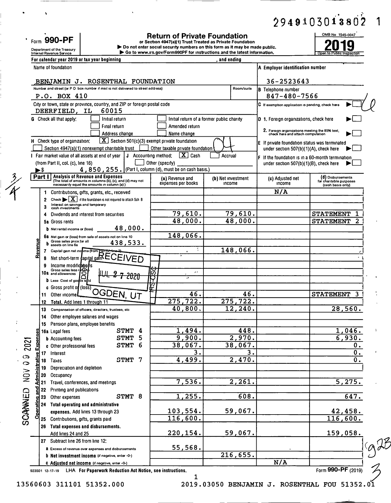 Image of first page of 2019 Form 990PF for Benjamin J Rosenthal Foundation