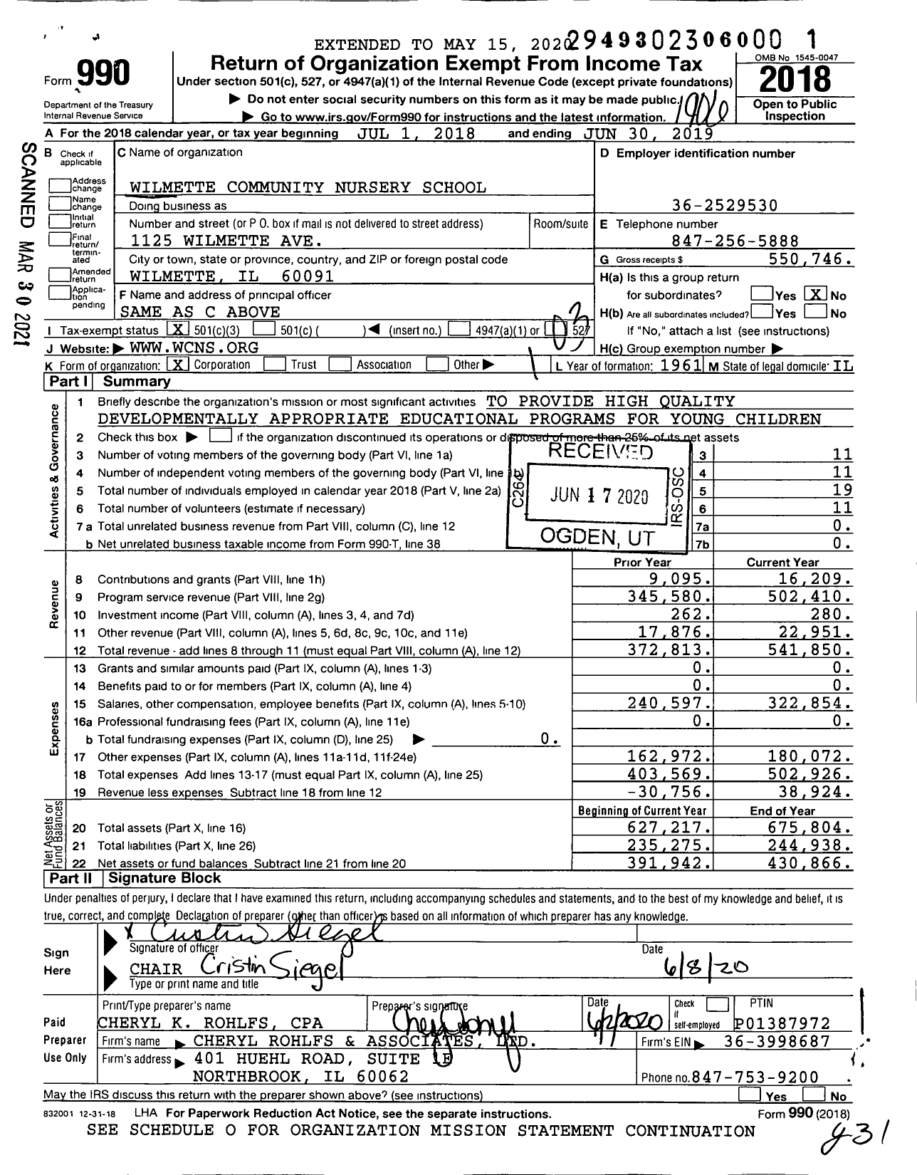 Image of first page of 2018 Form 990 for Wilmette Community Nursery School