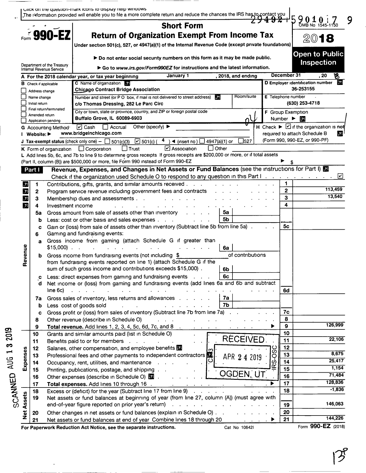 Image of first page of 2018 Form 990EO for Chicago Contract Bridge Association