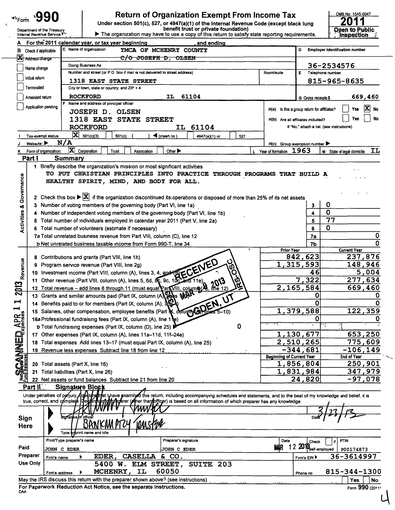 Image of first page of 2011 Form 990 for Ymca of Mchenry County