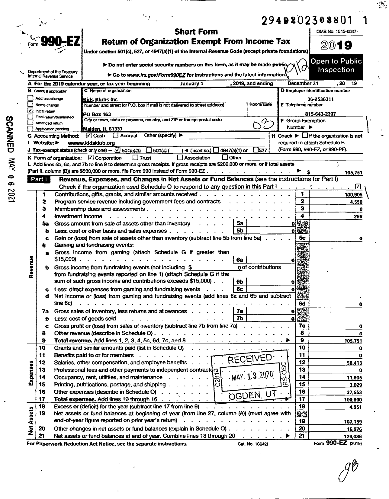 Image of first page of 2019 Form 990EZ for Kids Klubs