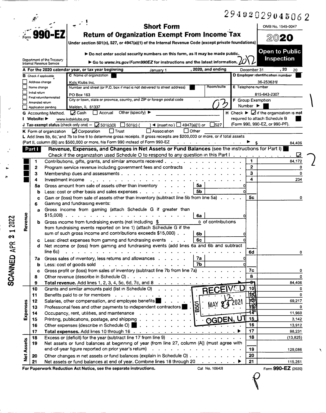 Image of first page of 2020 Form 990EZ for Kids Klubs