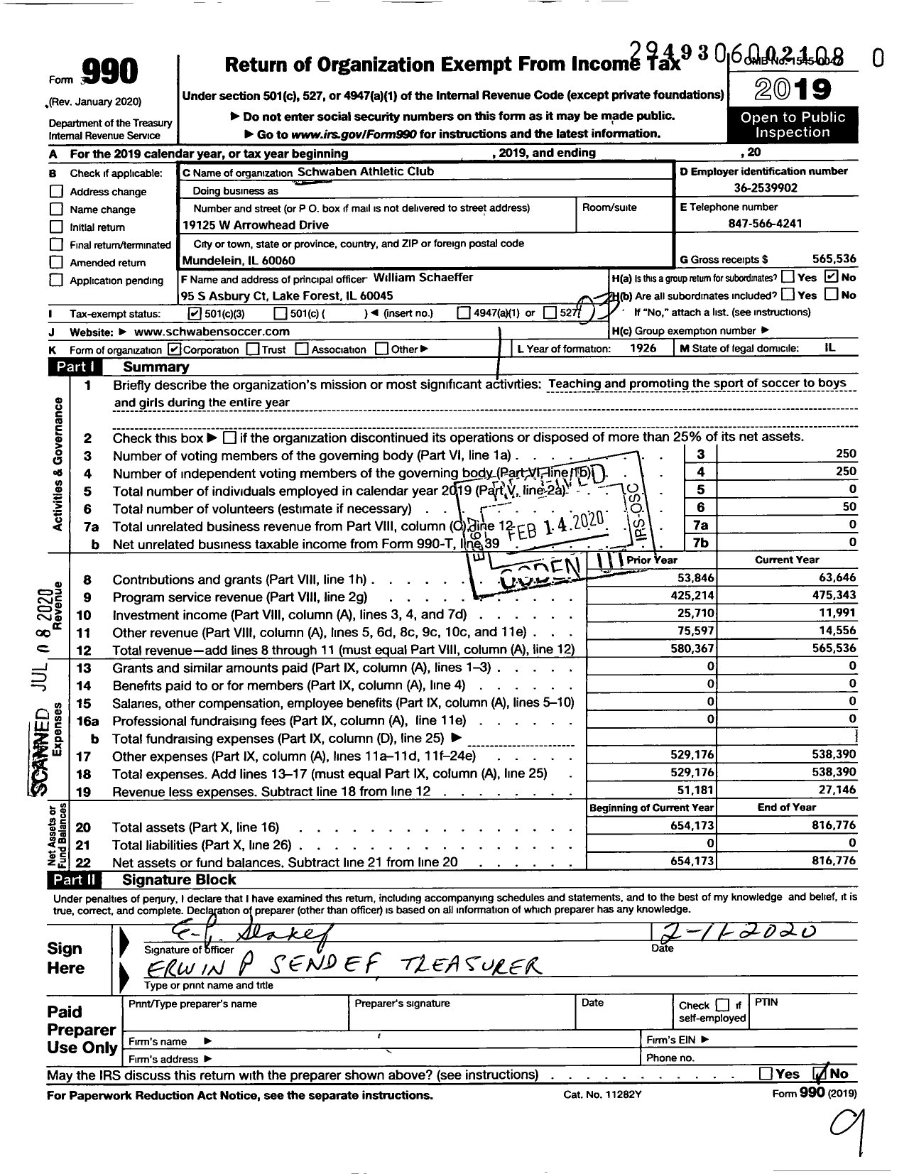 Image of first page of 2019 Form 990 for Schwaben Athletic Club