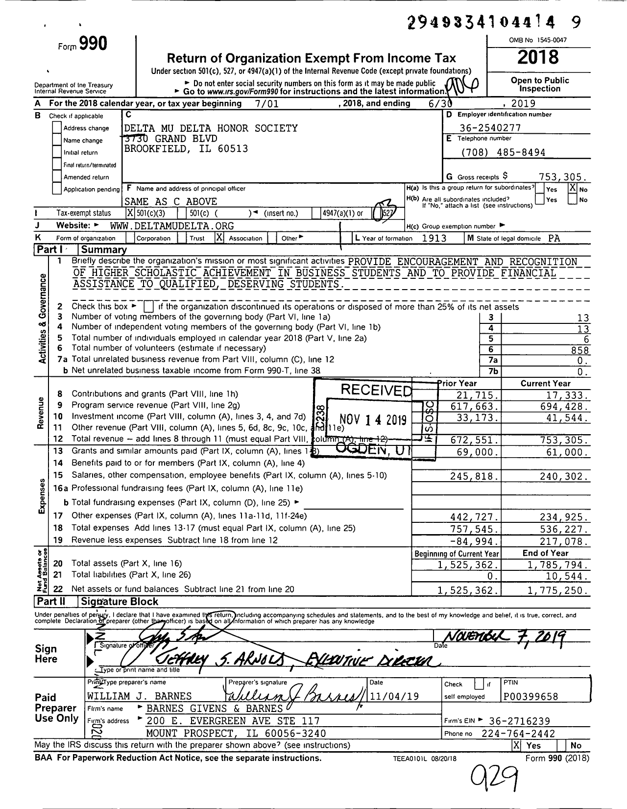 Image of first page of 2018 Form 990 for Delta Mu Delta Honor Society