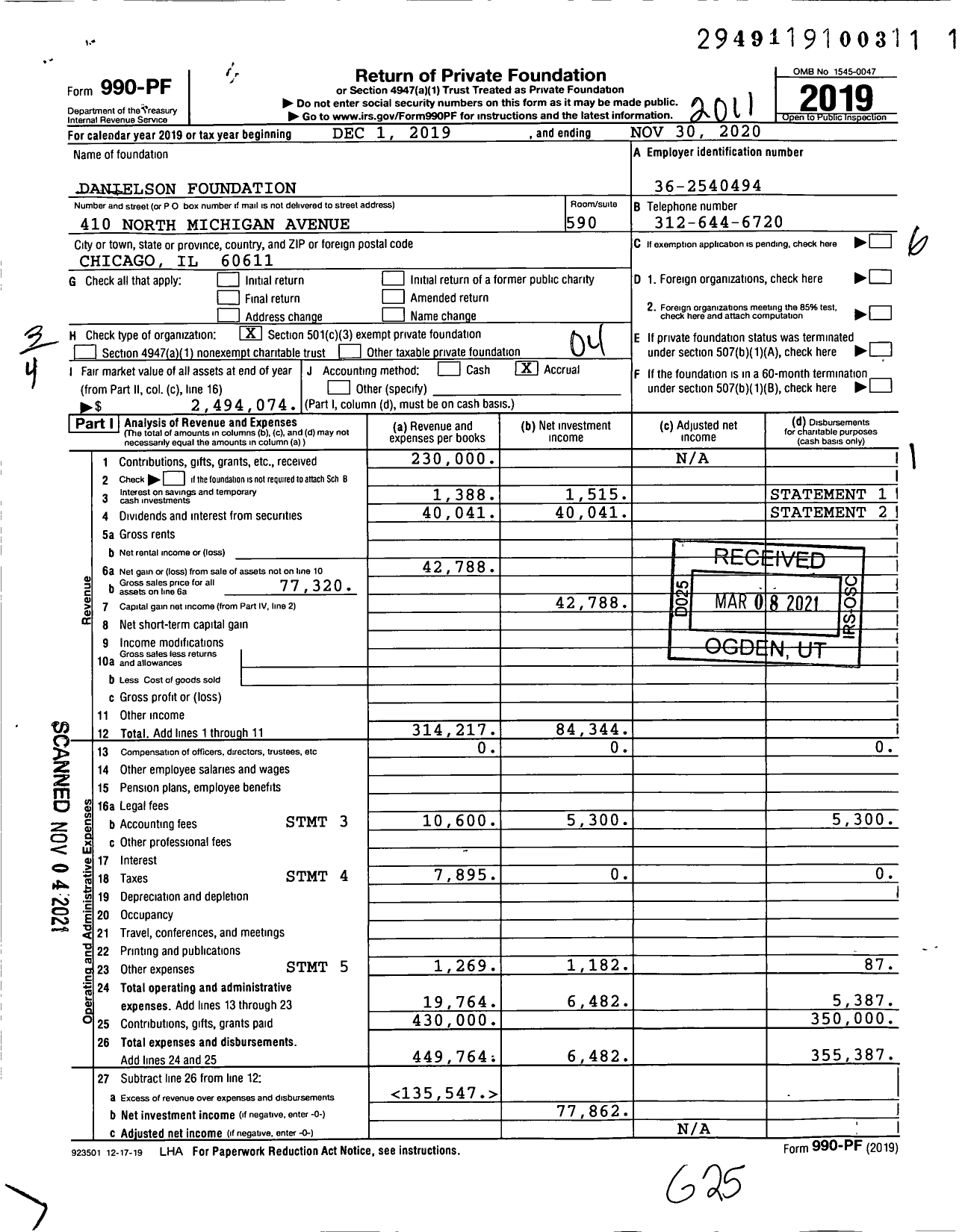 Image of first page of 2019 Form 990PF for Danielson Foundation