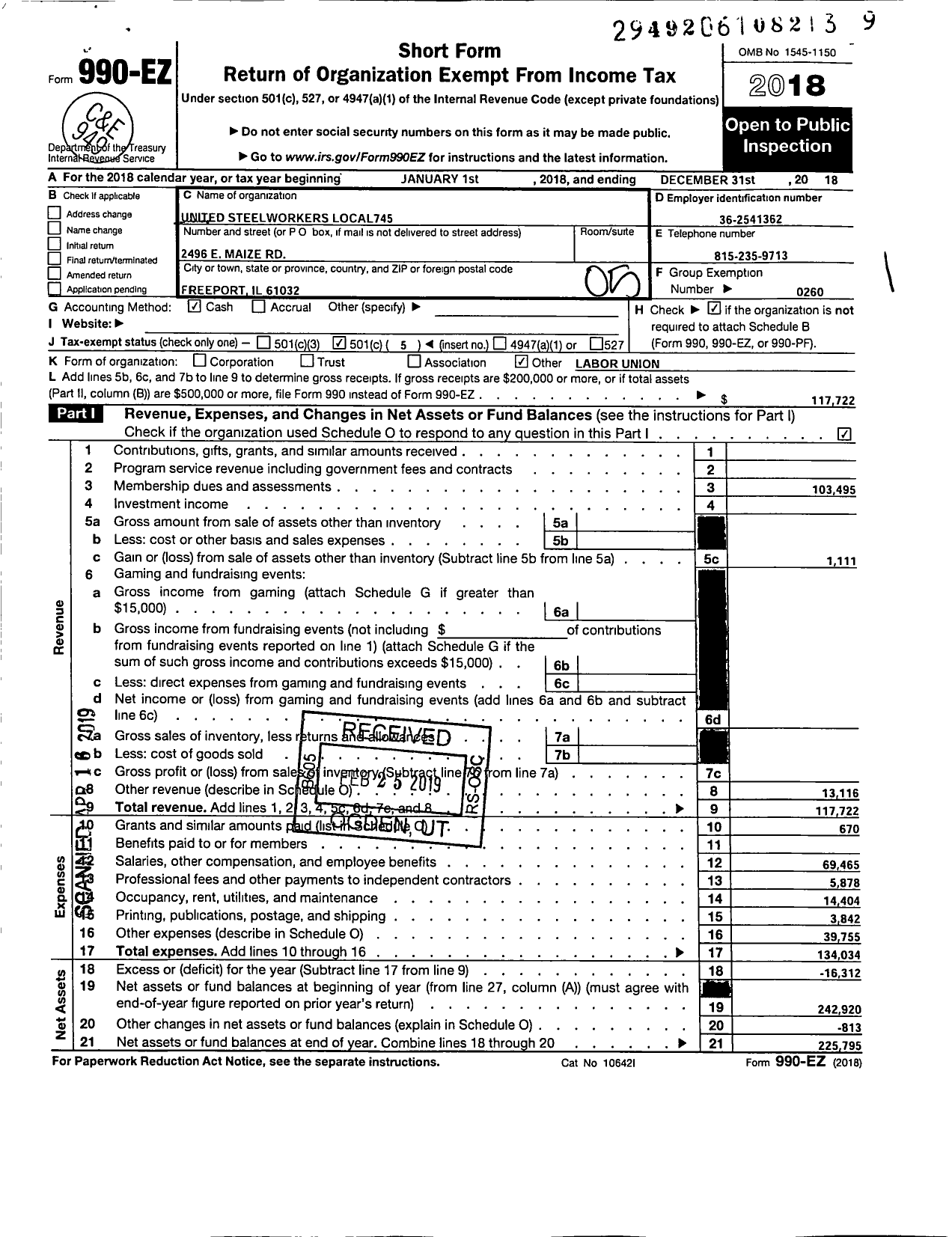 Image of first page of 2018 Form 990EO for United Steelworkers - 00745L Local