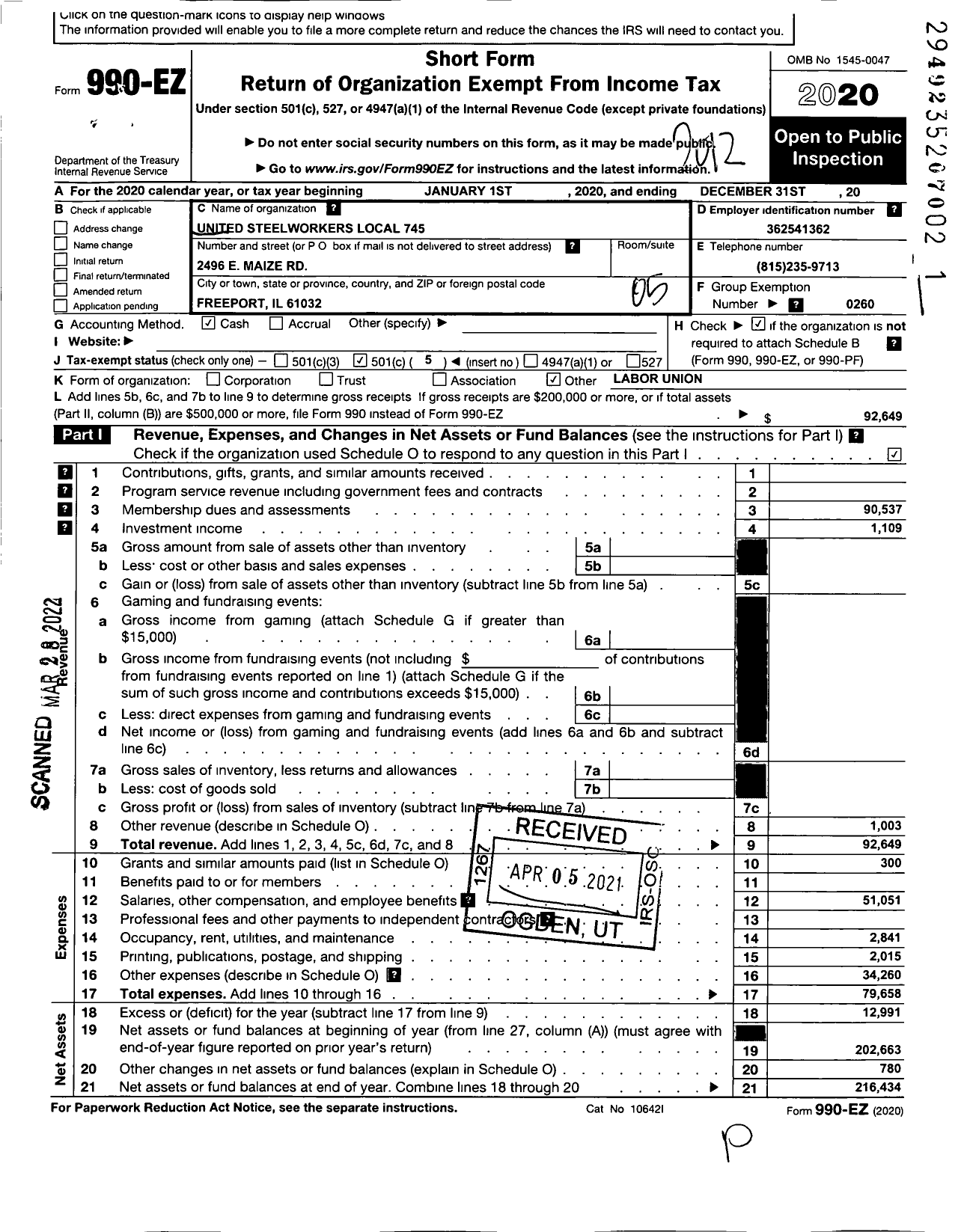 Image of first page of 2020 Form 990EO for United Steelworkers - 00745L Local