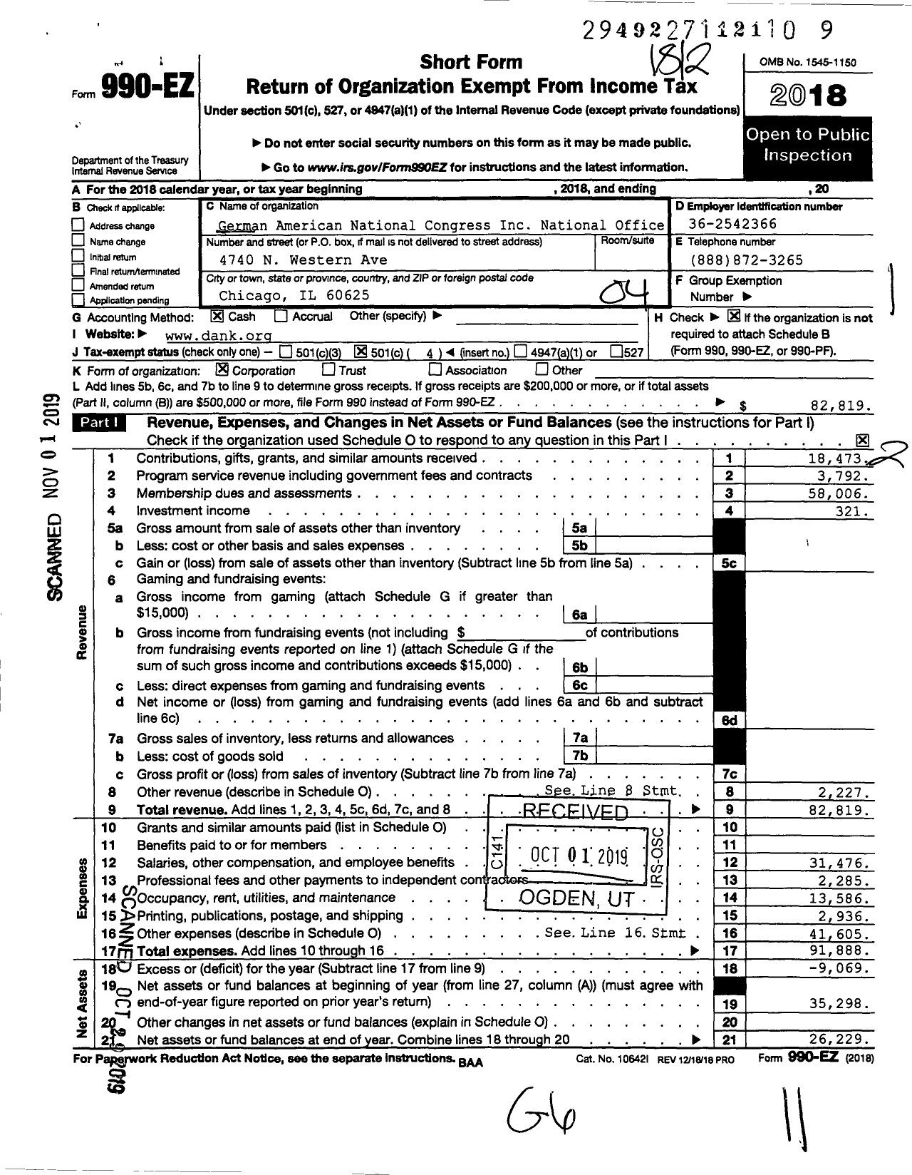 Image of first page of 2018 Form 990EO for German American National Congress