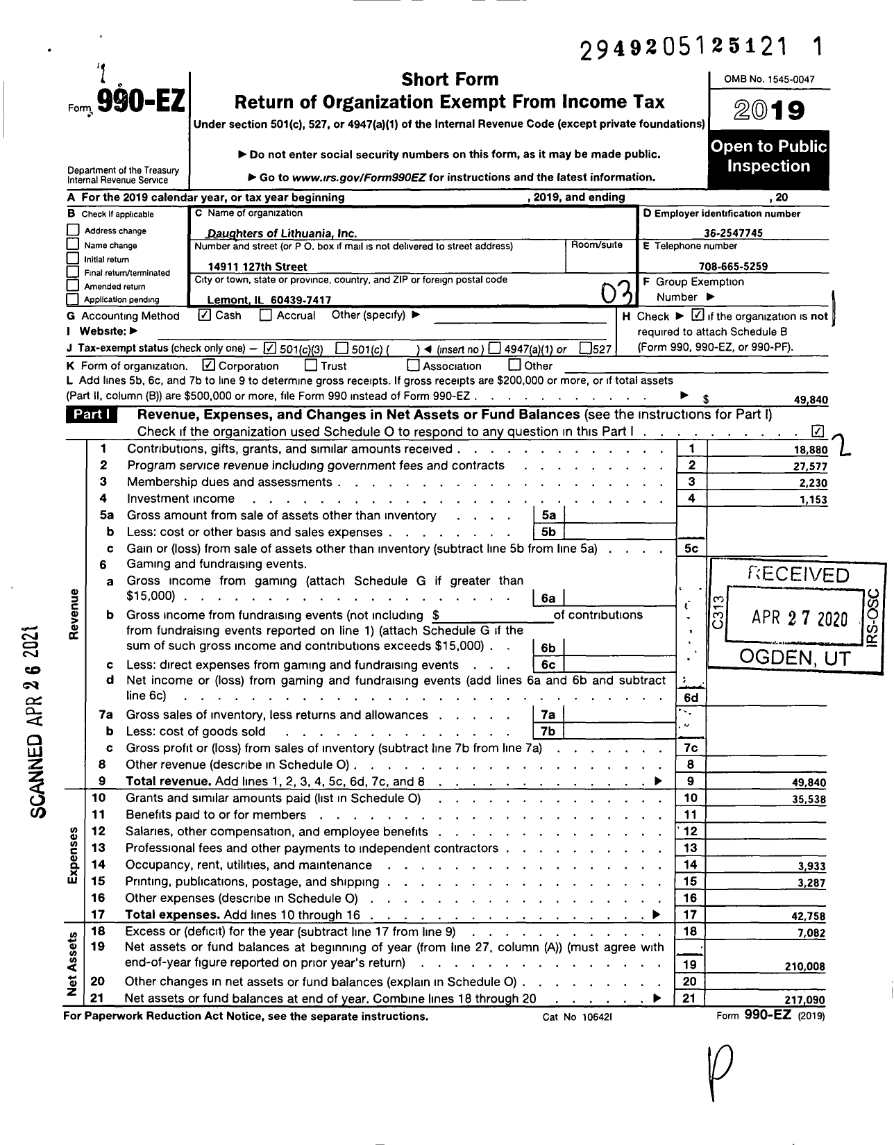 Image of first page of 2019 Form 990EZ for Daughters of Lithuania