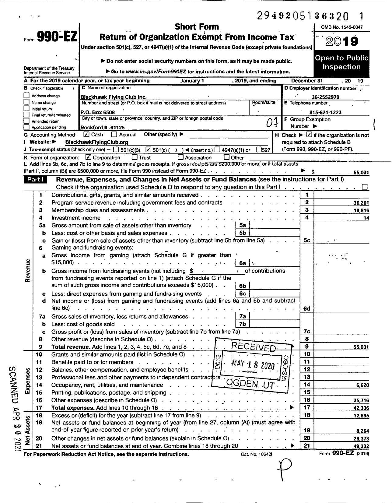 Image of first page of 2019 Form 990EO for Blackhawk Flying Club