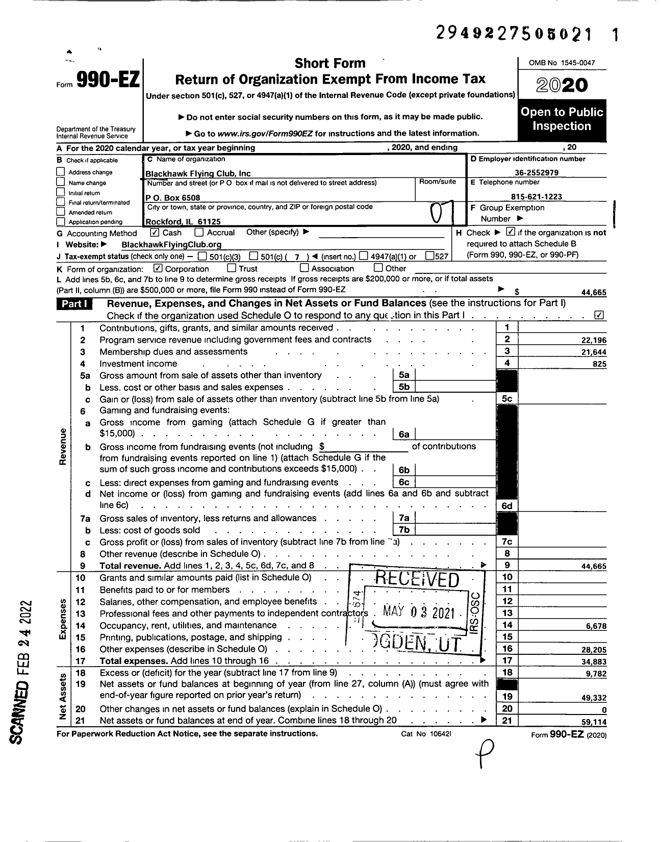 Image of first page of 2020 Form 990EO for Blackhawk Flying Club