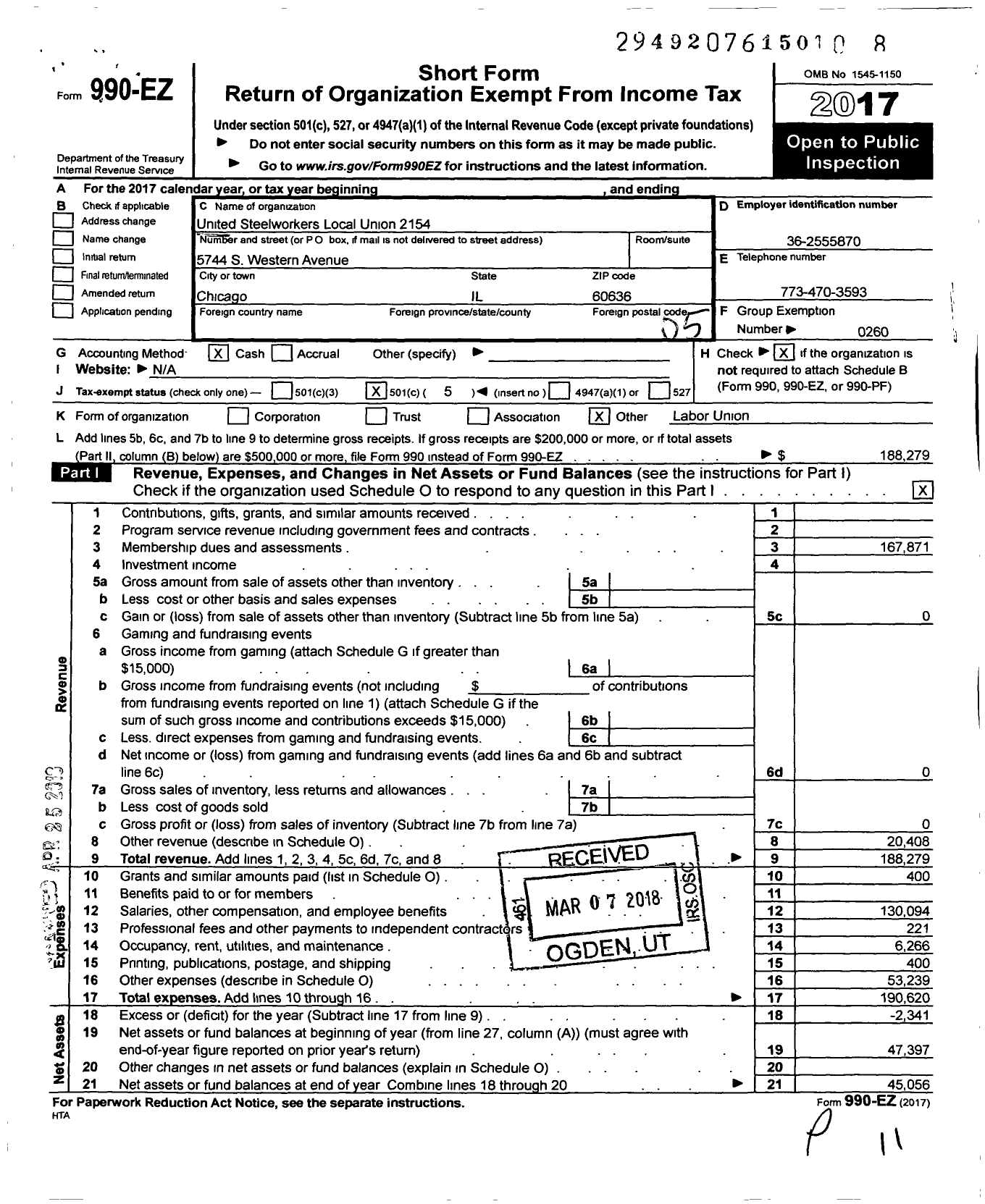 Image of first page of 2017 Form 990EO for United Steelworkers - 02154 Local