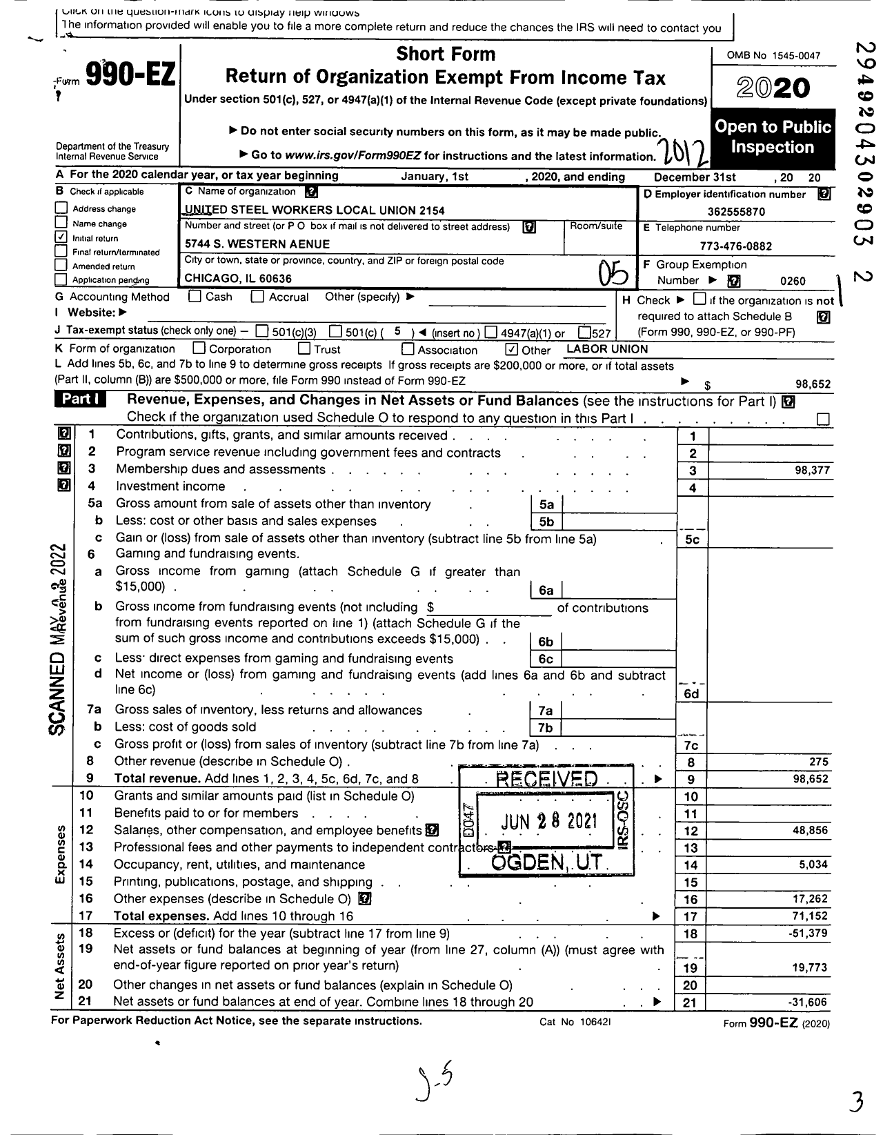 Image of first page of 2020 Form 990EO for United Steelworkers - 02154 Local