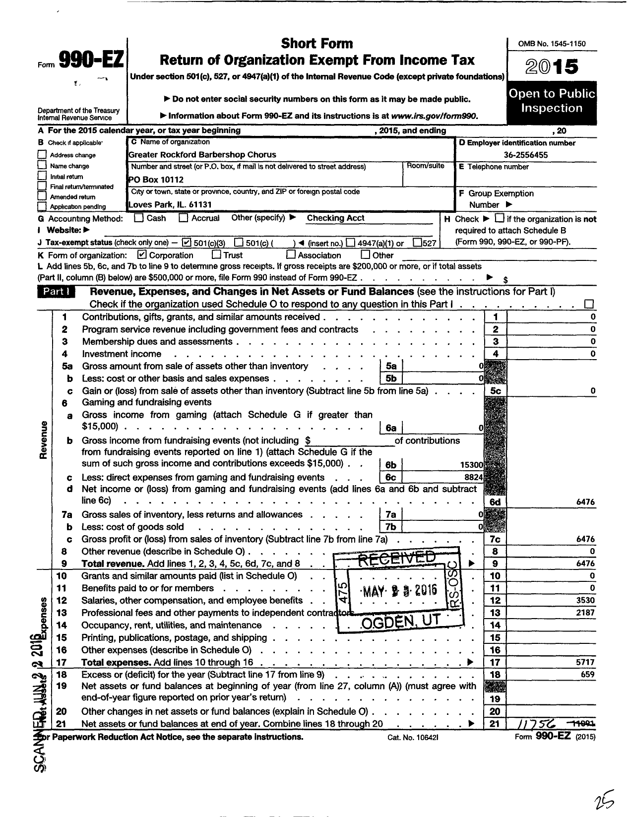 Image of first page of 2015 Form 990EZ for Society for Preservation and Encrgmnt of Barbershop Quartet Singing Amer / E047 Great Rockford Barbershop Chor