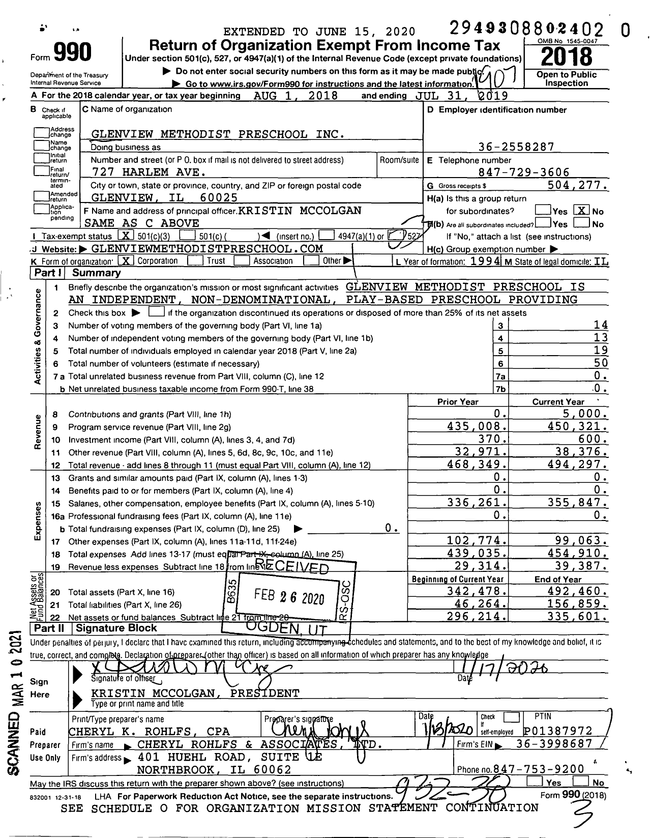 Image of first page of 2018 Form 990 for Glenview Methodist Preschool