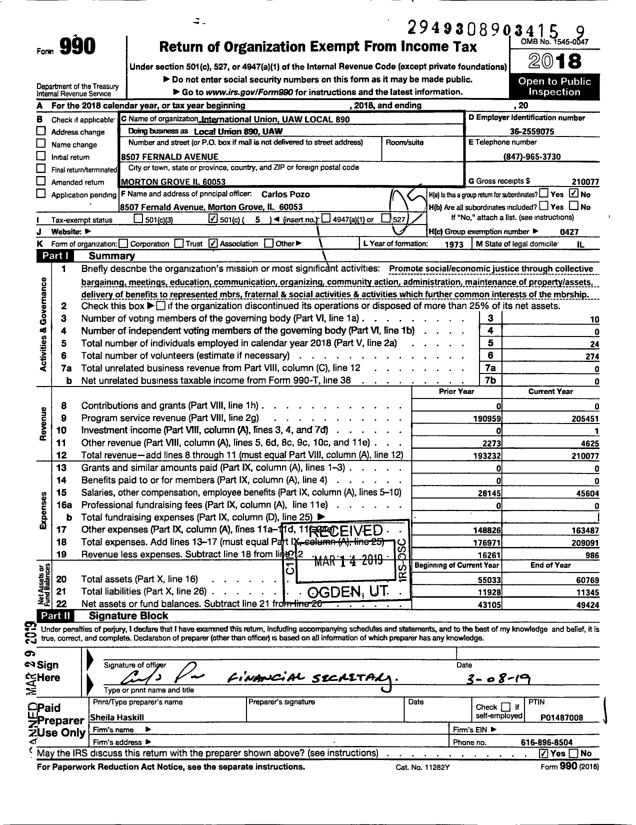 Image of first page of 2018 Form 990O for UAW - Local Union 890 UAW