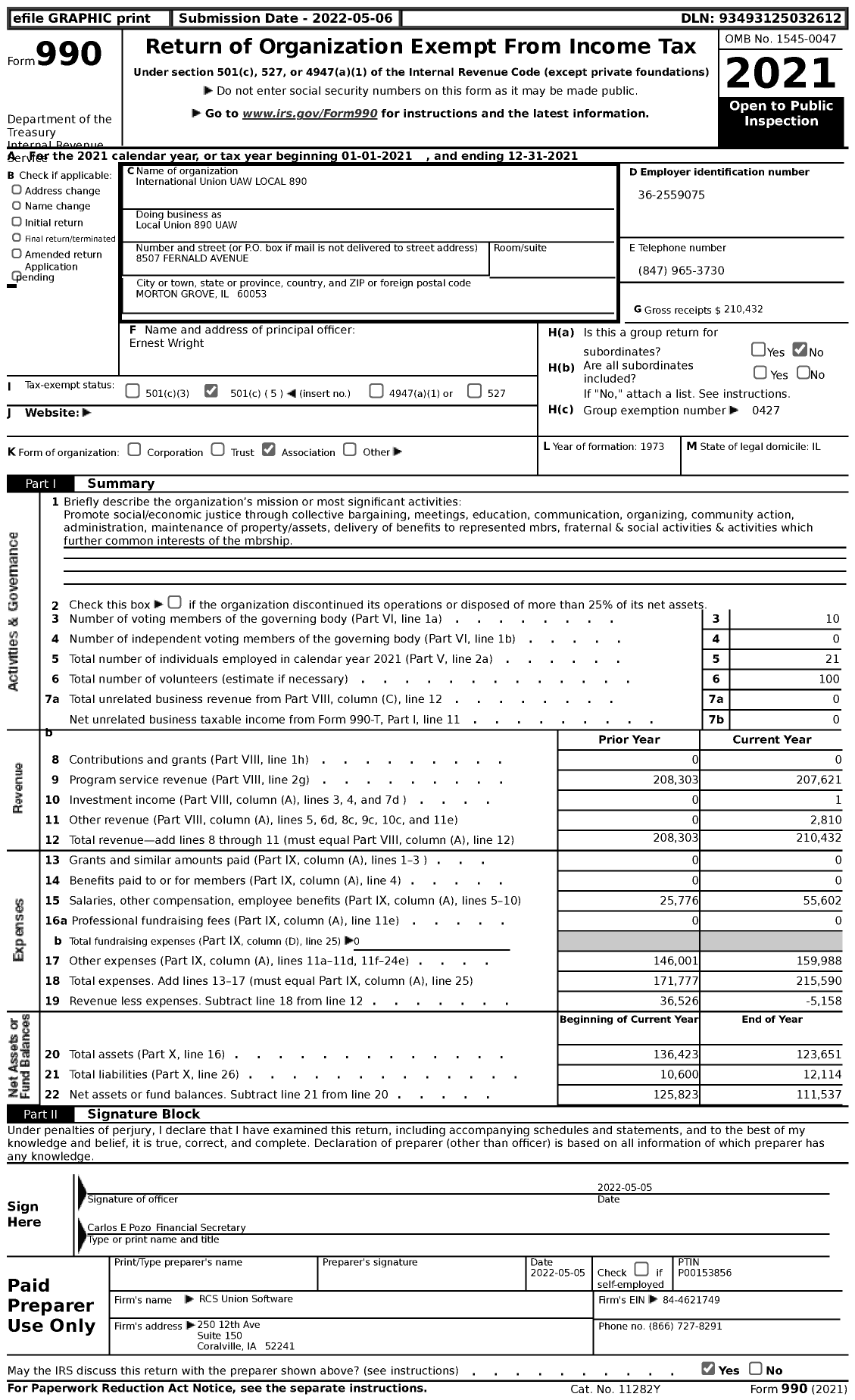 Image of first page of 2021 Form 990 for UAW - Local Union 890 UAW