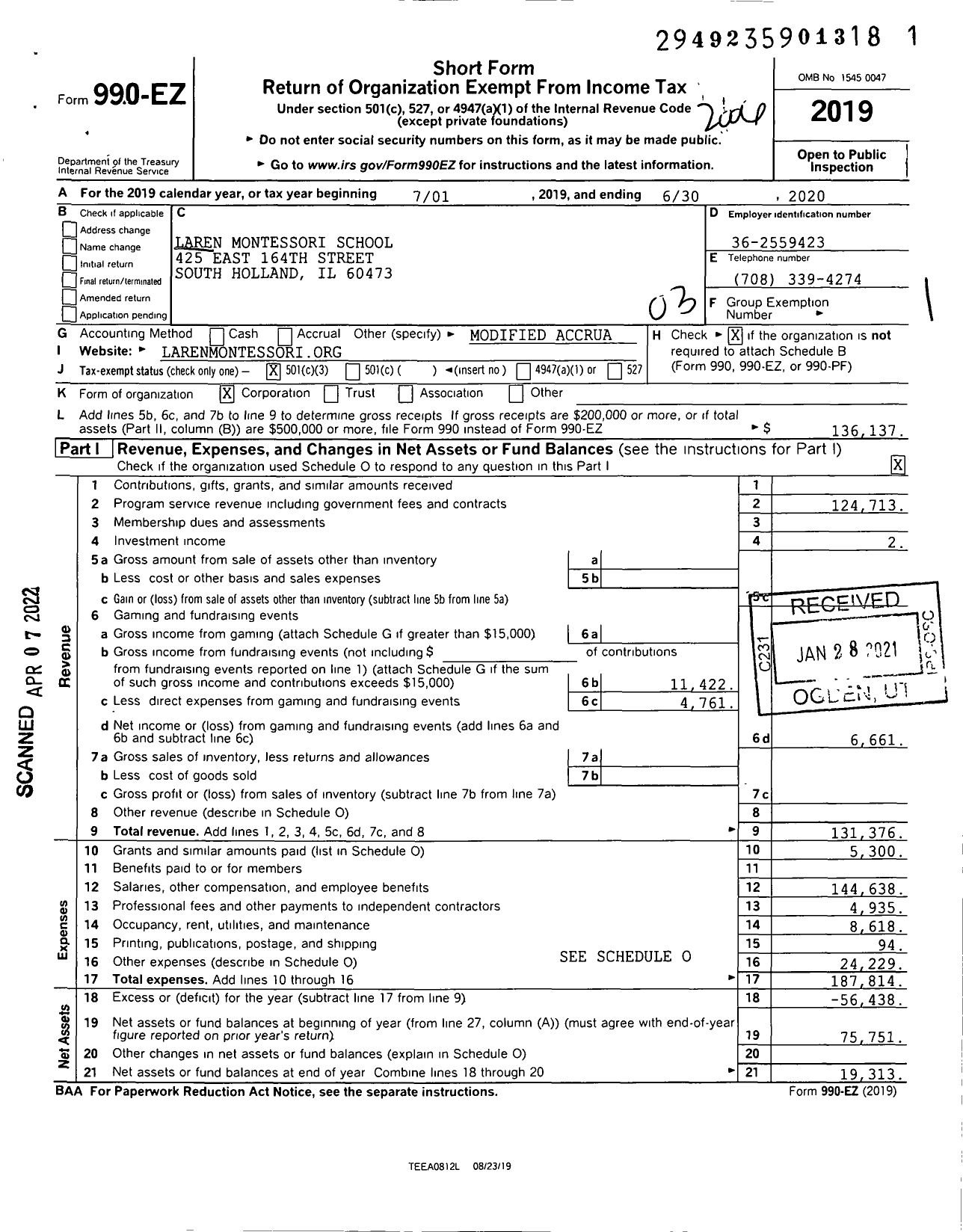 Image of first page of 2019 Form 990EZ for Laren Montessori School