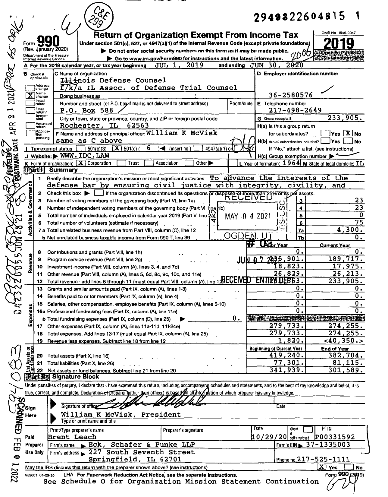 Image of first page of 2019 Form 990O for Illinois Defense Counsel