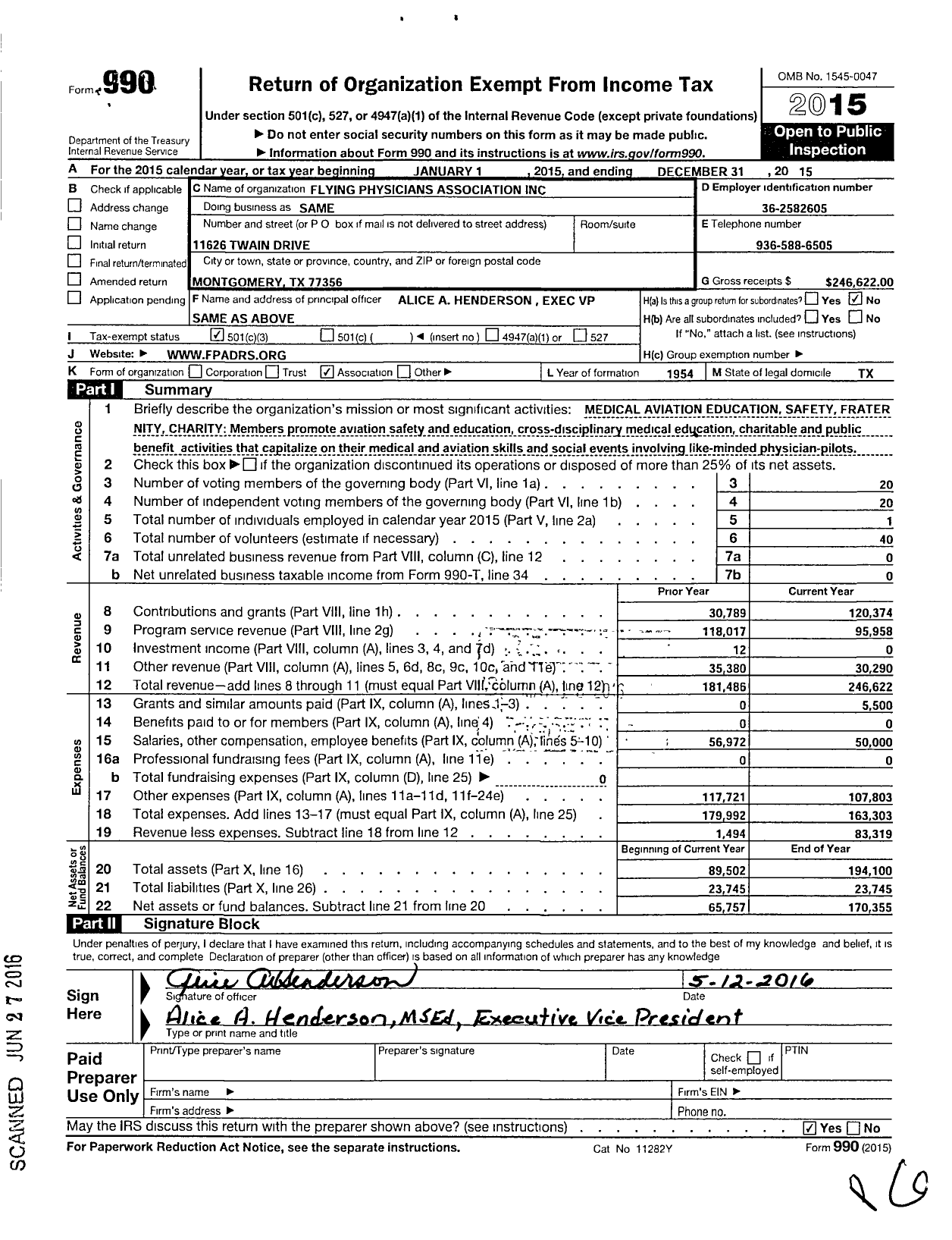 Image of first page of 2015 Form 990 for Flying Physicians Association