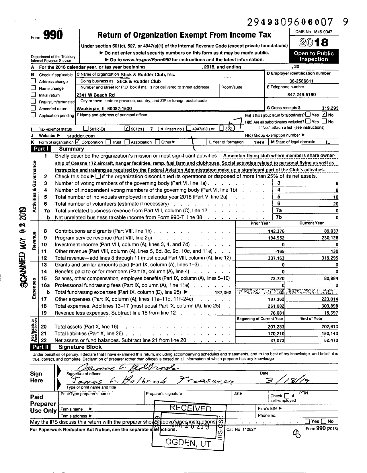 Image of first page of 2018 Form 990O for Stick and Rudder Club