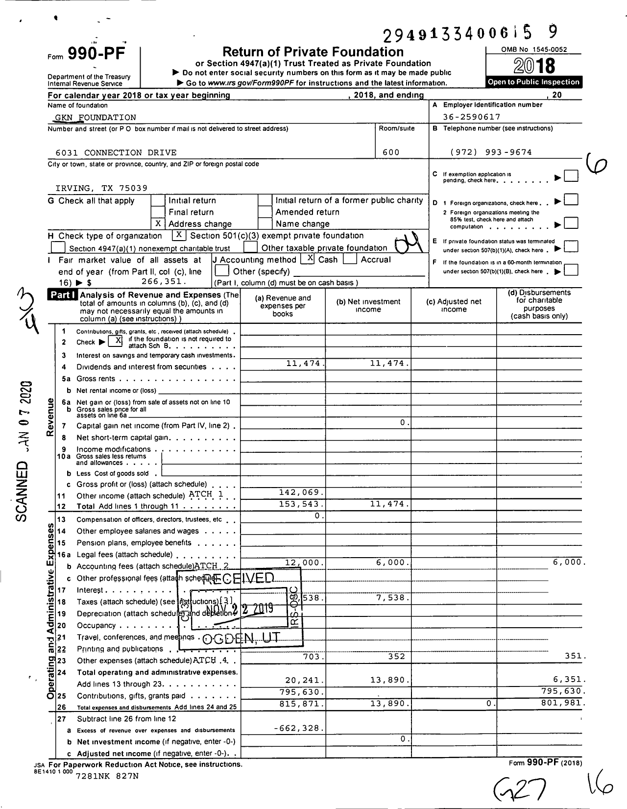 Image of first page of 2018 Form 990PF for GKN Foundation