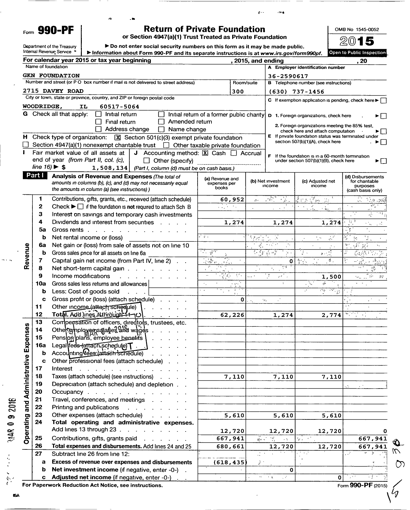 Image of first page of 2015 Form 990PF for GKN Foundation