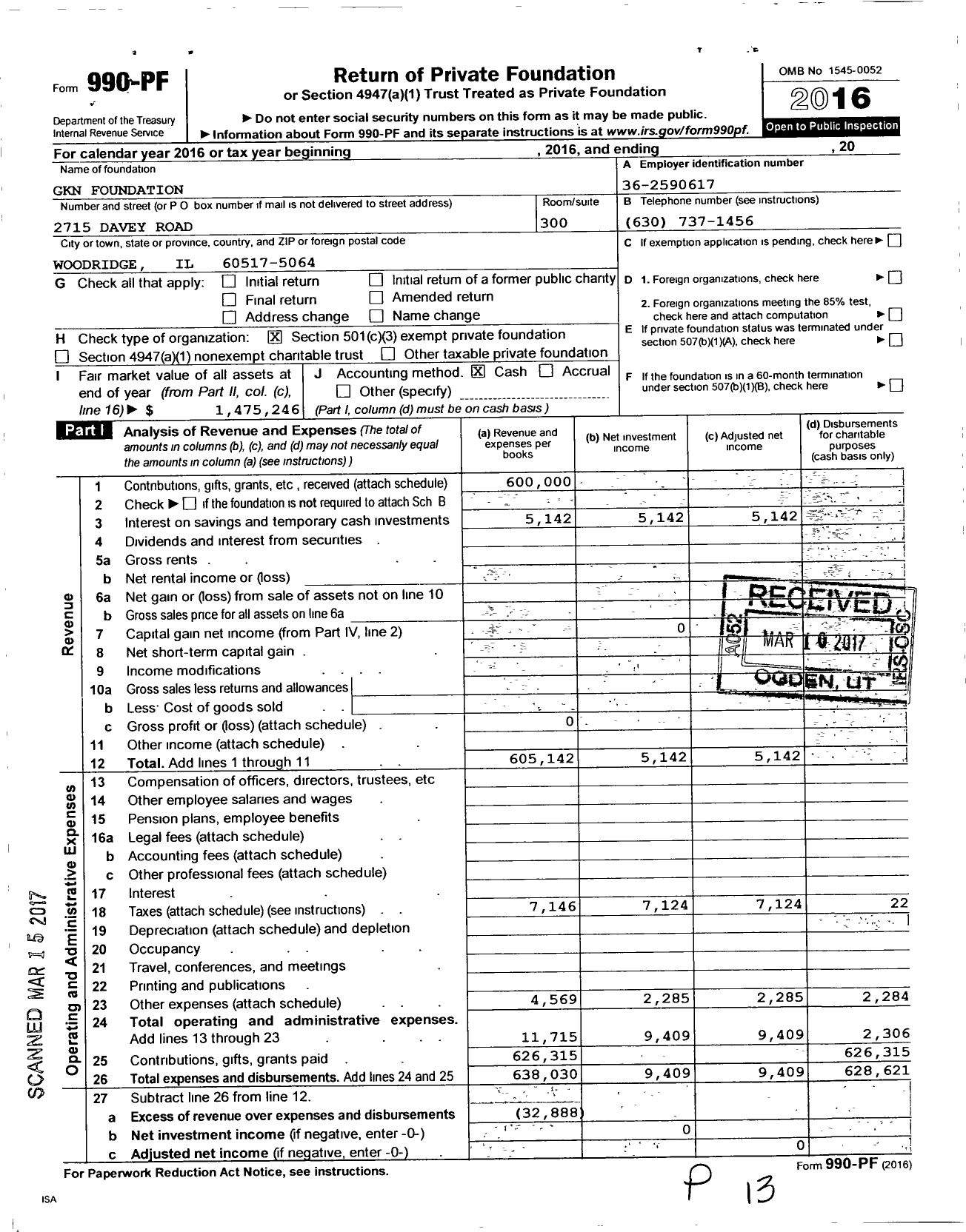 Image of first page of 2016 Form 990PF for GKN Foundation