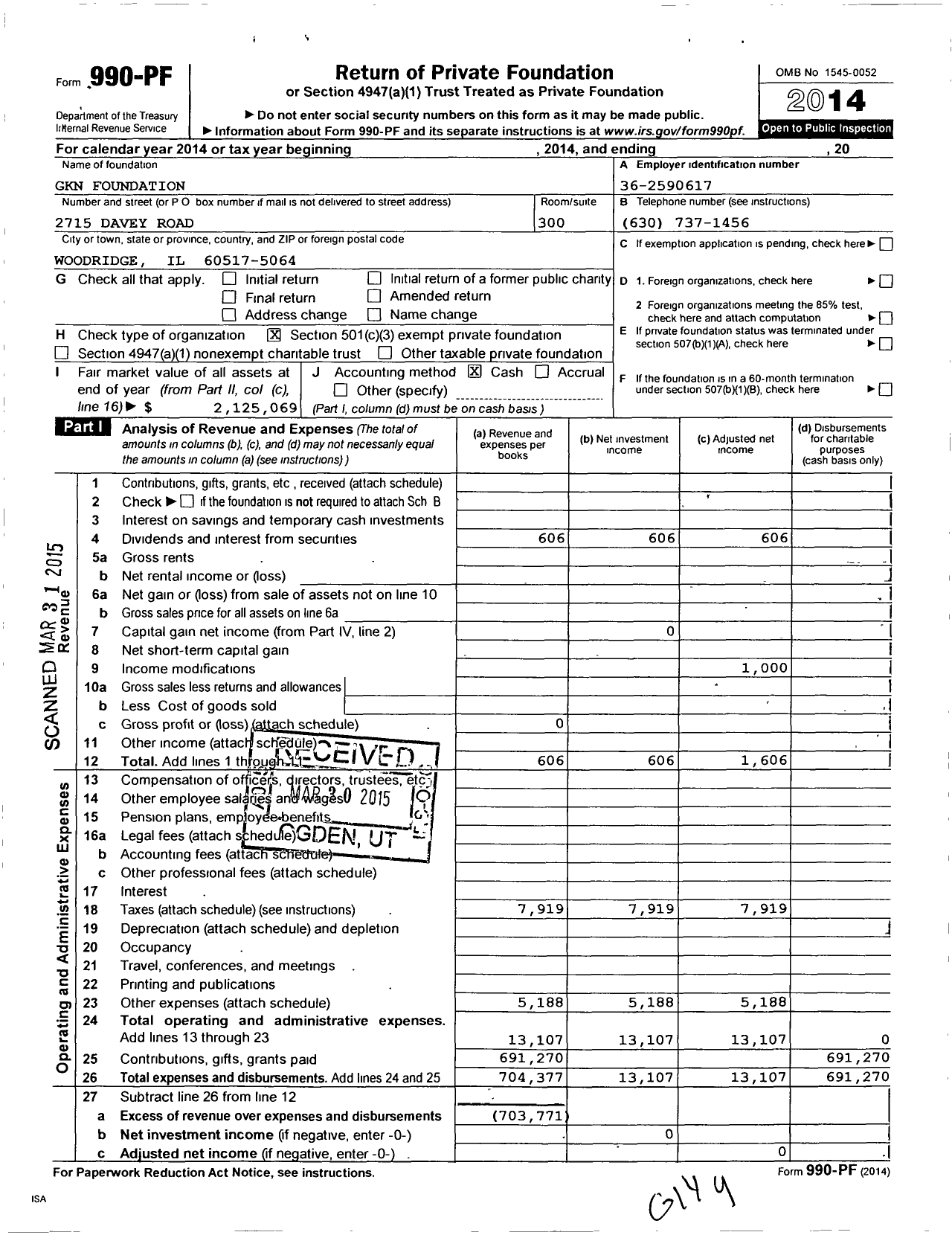 Image of first page of 2014 Form 990PF for GKN Foundation