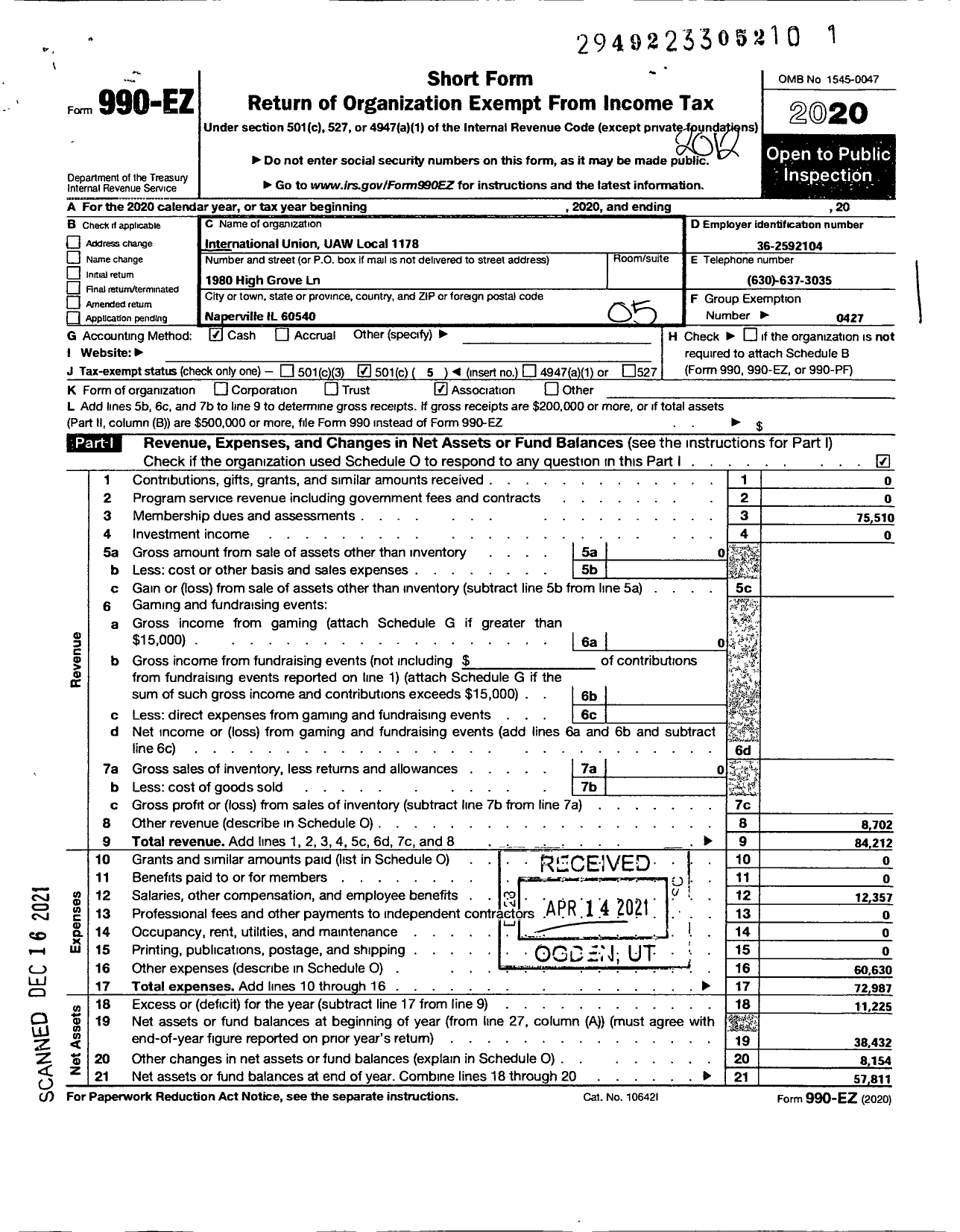 Image of first page of 2020 Form 990EO for UAW - International Union UAW Local 1178