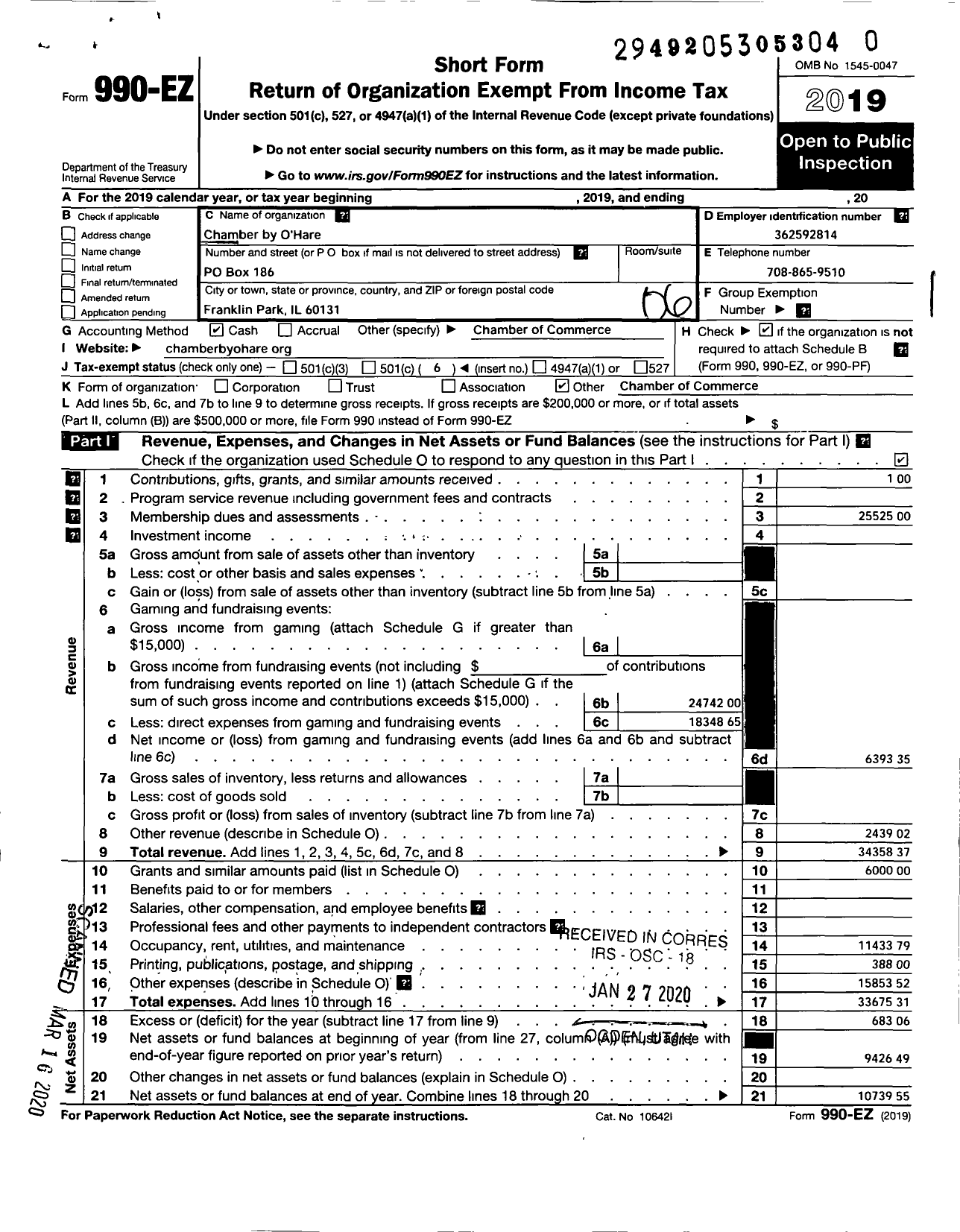 Image of first page of 2019 Form 990EO for Franklin Park Schiller Park Chamber of Commerce