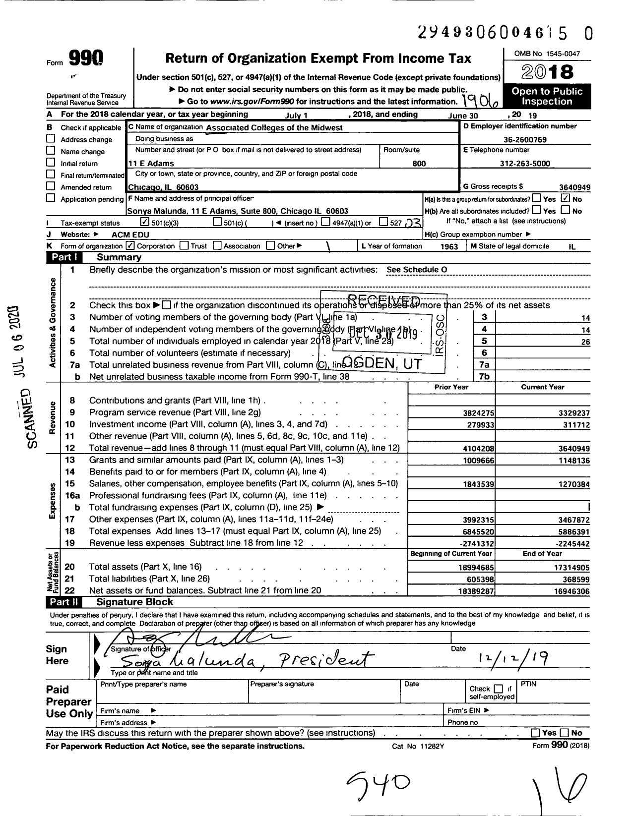 Image of first page of 2018 Form 990 for Associated Colleges of the Midwest