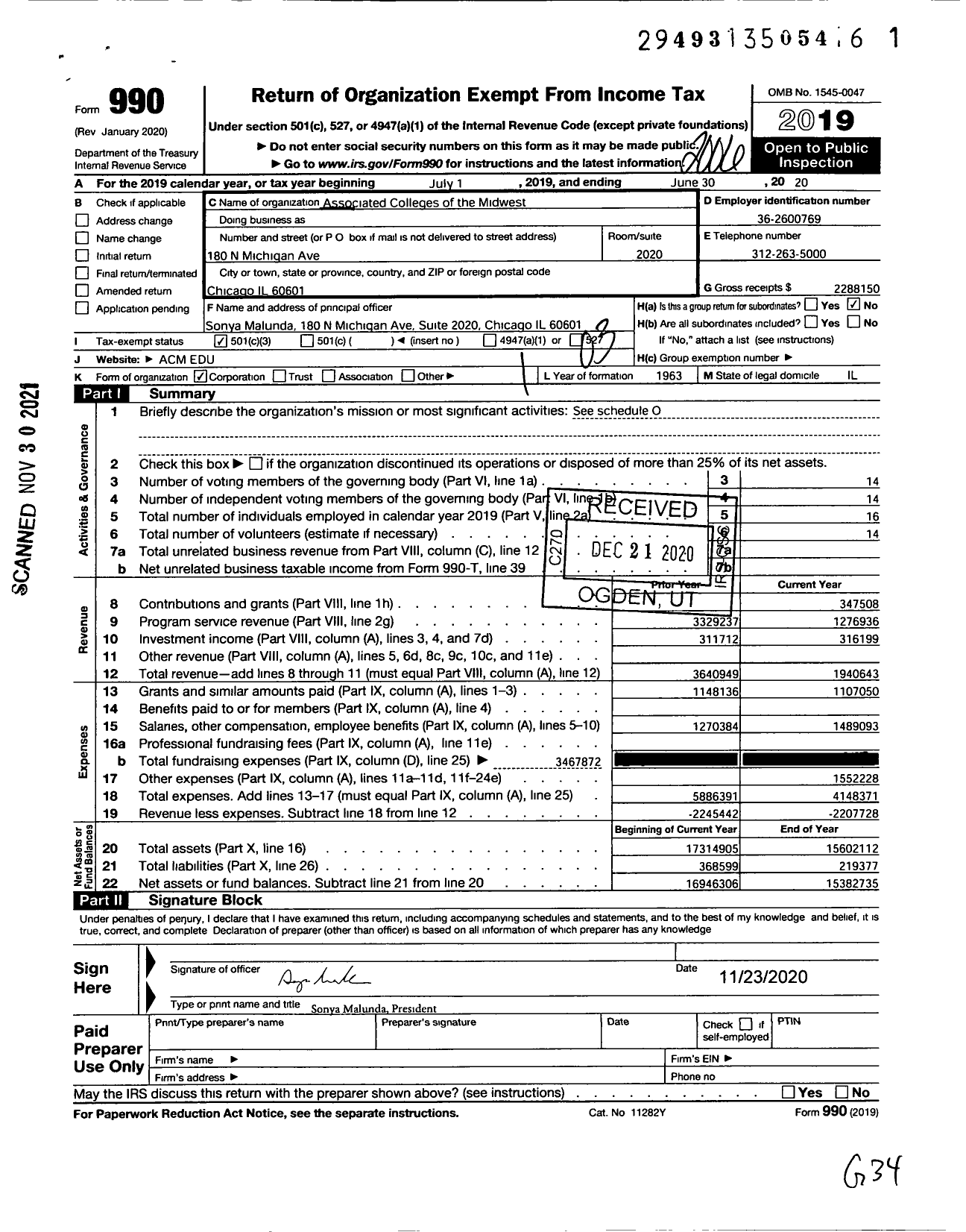 Image of first page of 2019 Form 990 for Associated Colleges of the Midwest