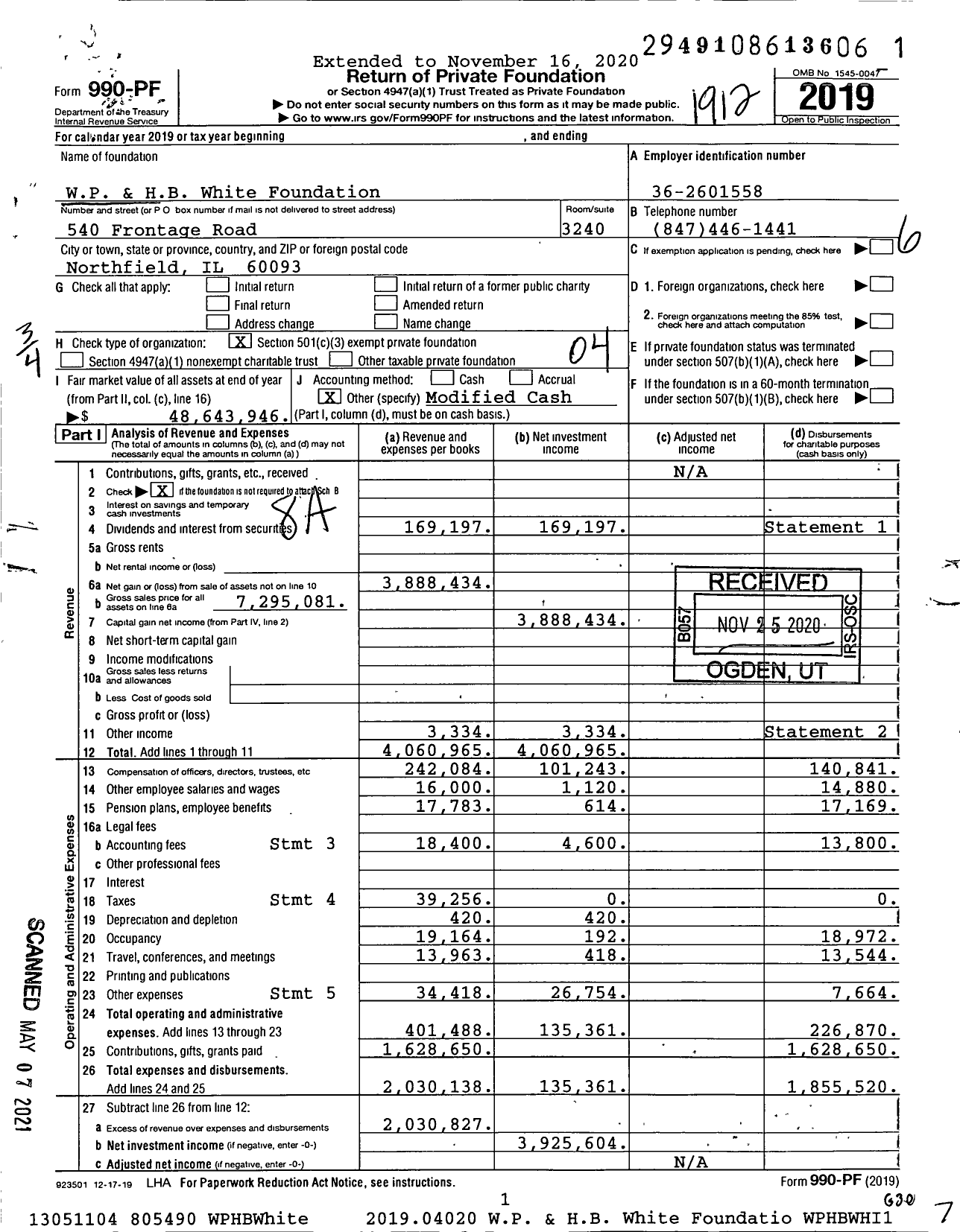 Image of first page of 2019 Form 990PF for W.P. & H.B. White Foundation