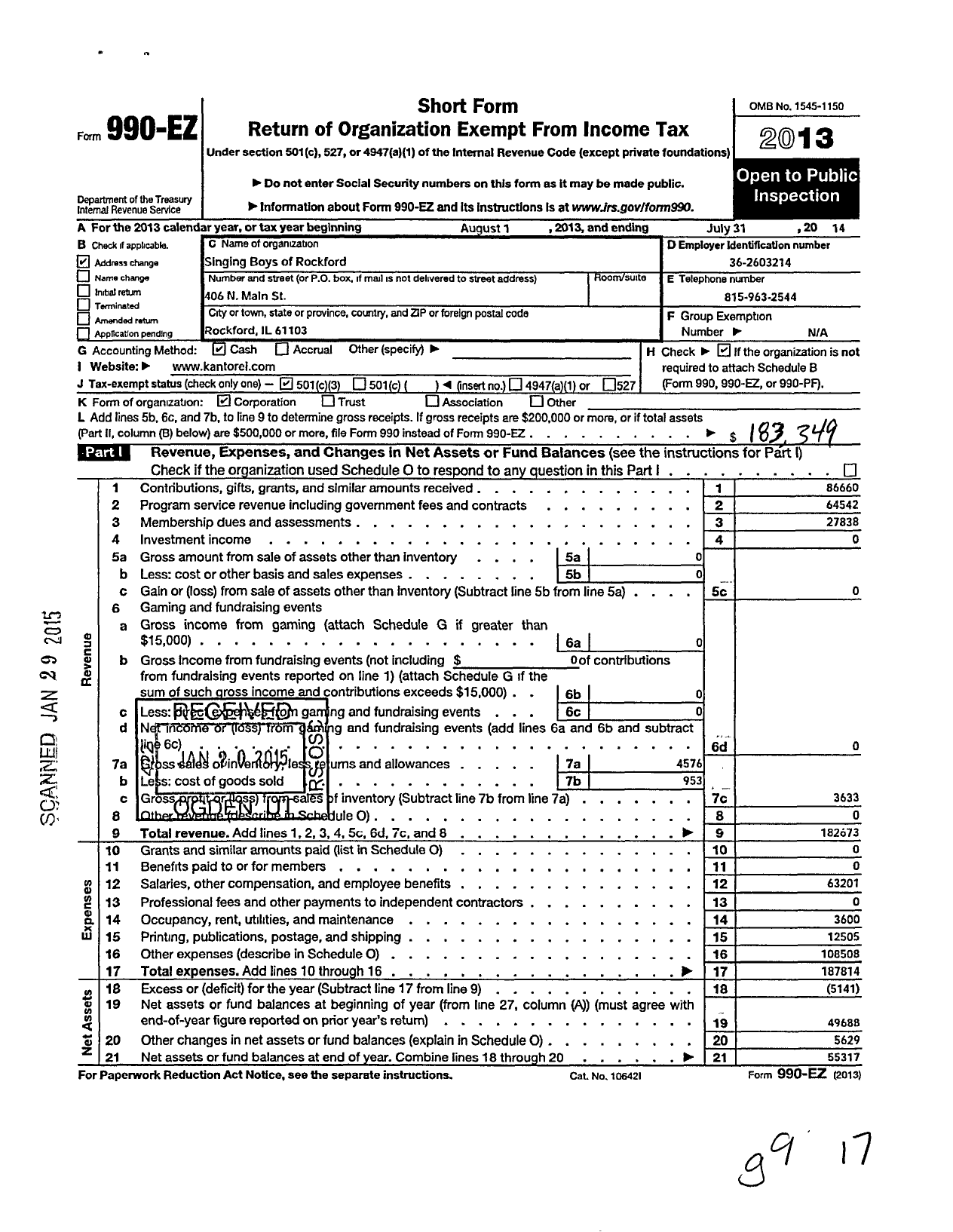 Image of first page of 2013 Form 990EZ for Singing Boys Of Rockford