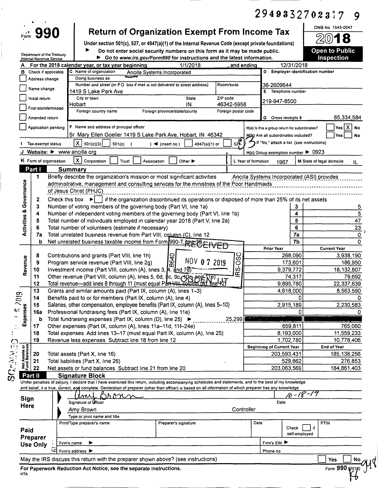 Image of first page of 2018 Form 990 for Ancilla Systems (ASI)