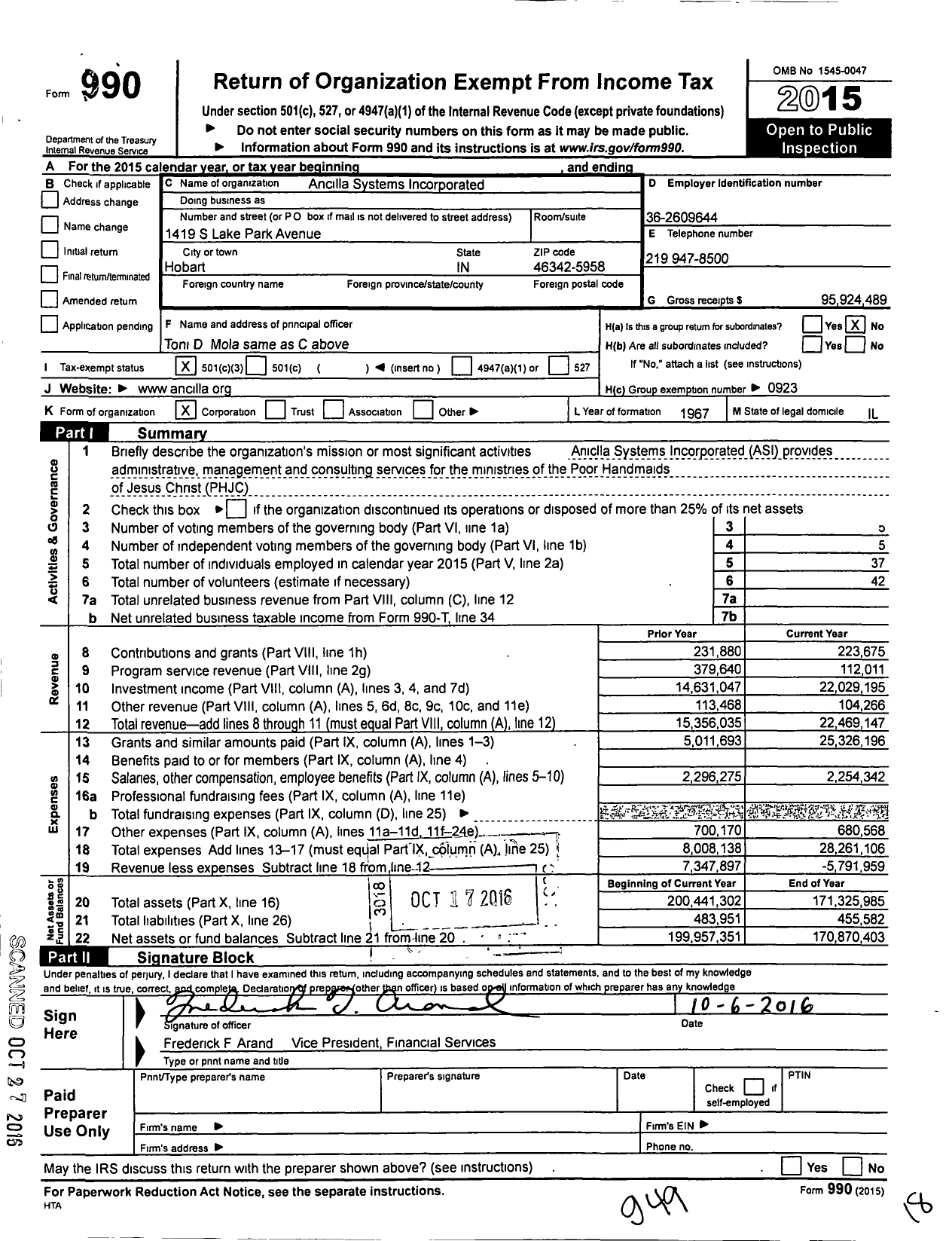 Image of first page of 2015 Form 990 for Ancilla Systems (ASI)