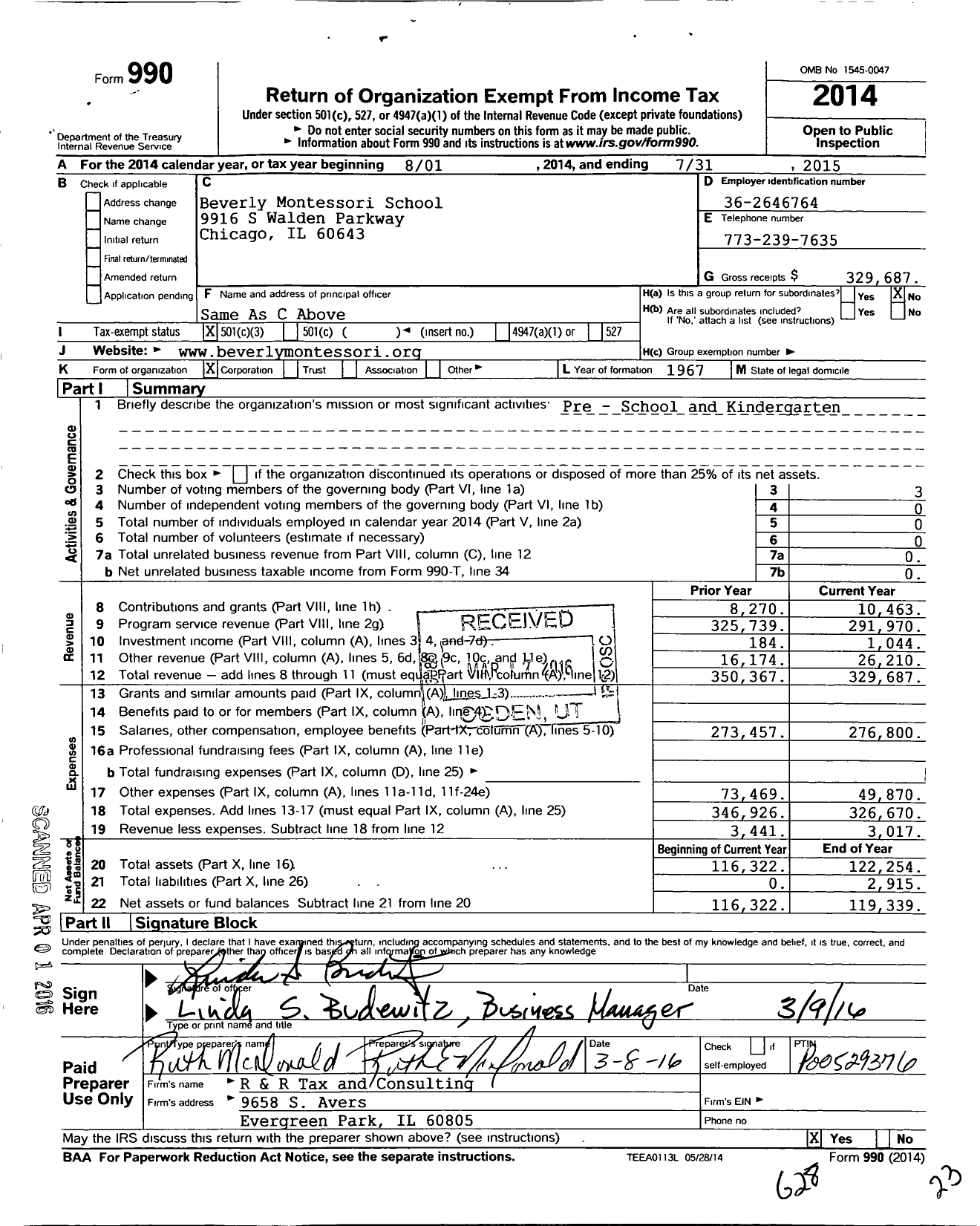 Image of first page of 2014 Form 990 for Beverly Montessori School