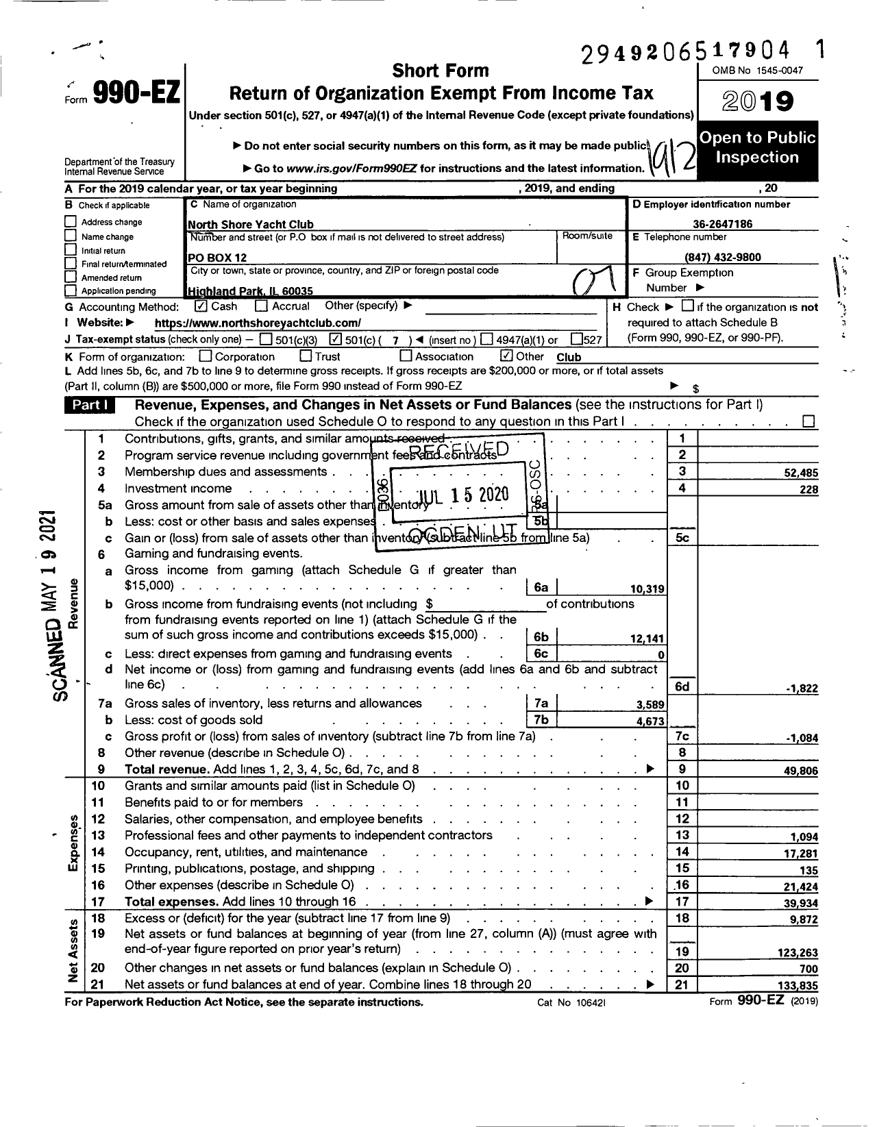 Image of first page of 2019 Form 990EO for North Shore Yacht Club