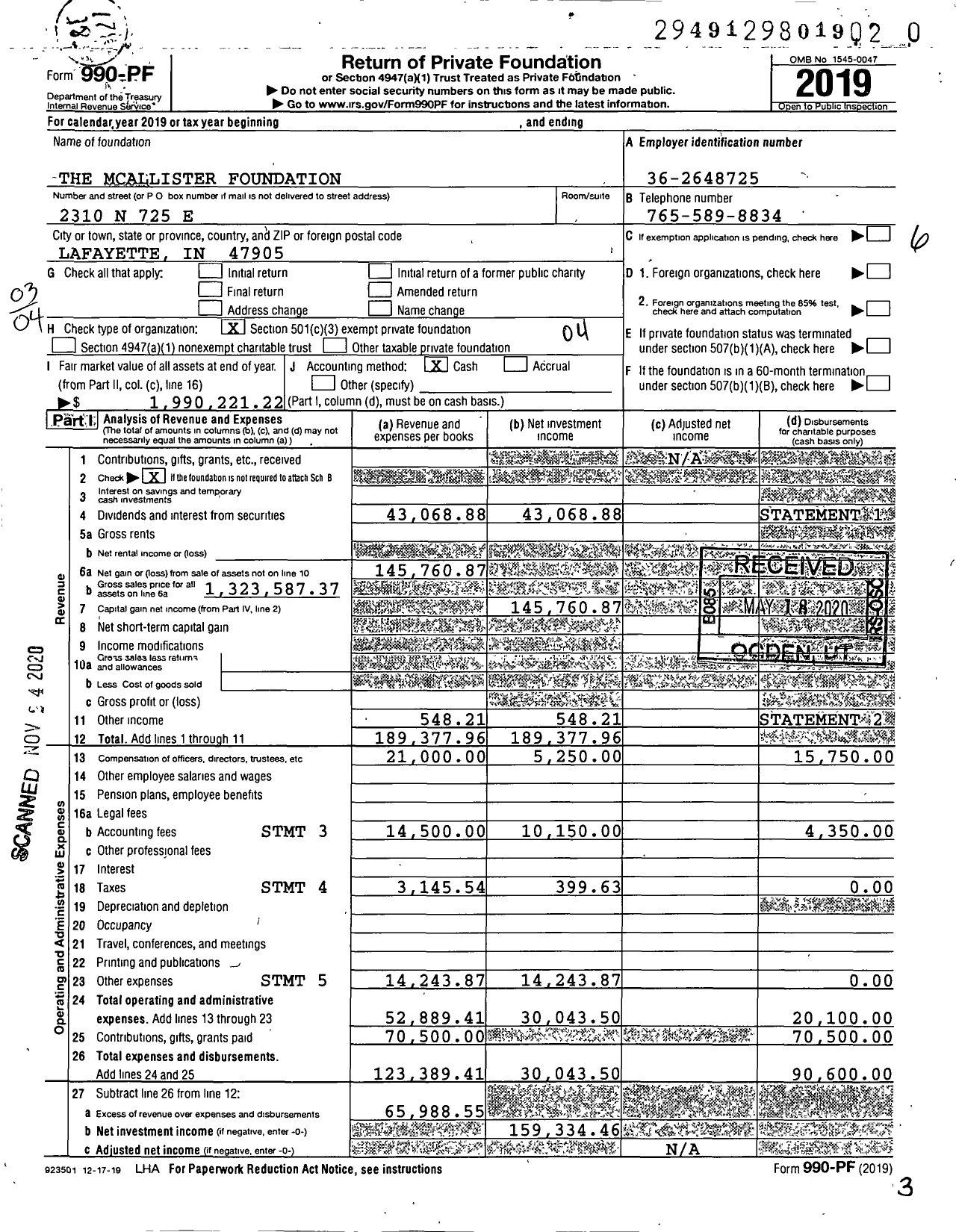 Image of first page of 2019 Form 990PF for The Mcallister Foundation