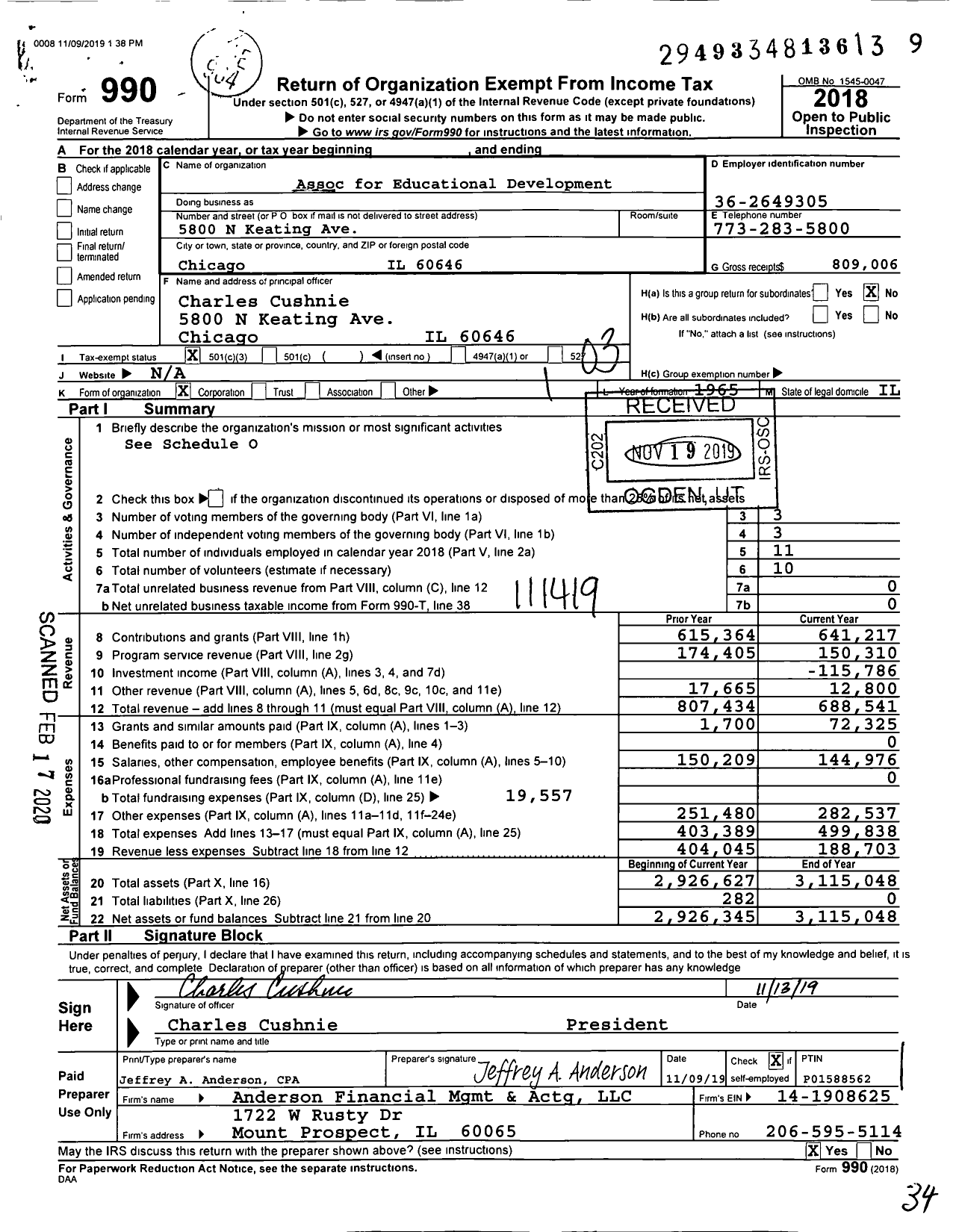 Image of first page of 2018 Form 990 for Association for Educational Development